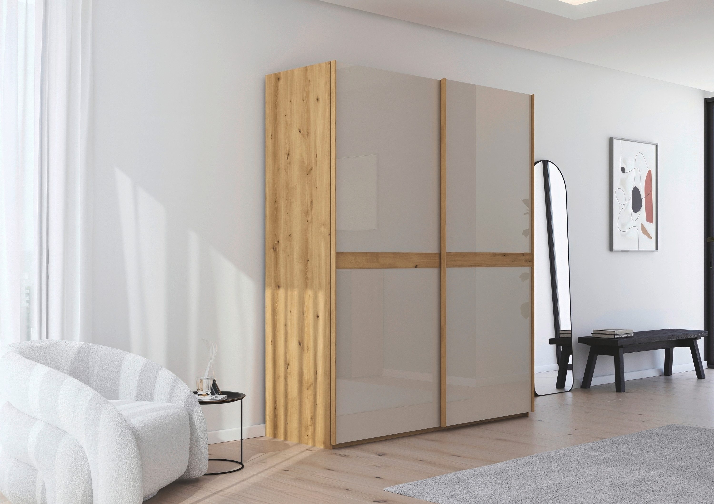 rauch Schuifdeurkast Kledingkast kast garderobe slaapkamerkast SCALE-LINE edel uiterlijk met buikband in corpuskleur met glasfront made in germany