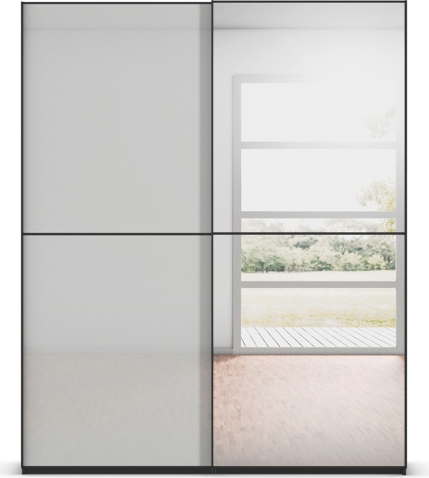 rauch Schuifdeurkast Kledingkast Kast Garderobe Slaapkamerkast SCALE-DUO edel tweedelige deuren spiegel/glas-mix 3 sierlijsten made in germany