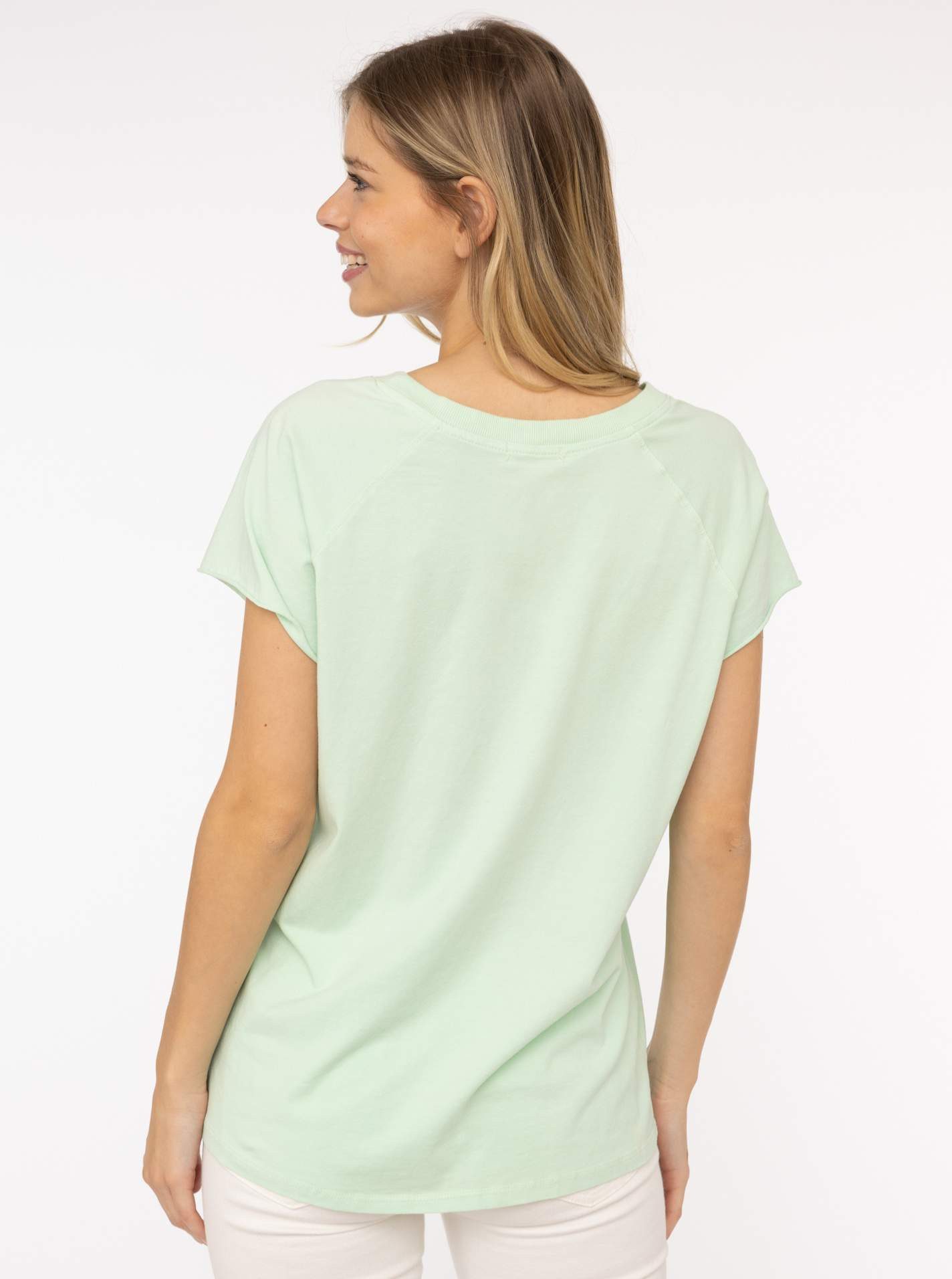 Zwillingsherz Shirt met korte mouwen "Positive Mind" met v-halslijn en stempeldruk, licht oversized gesneden