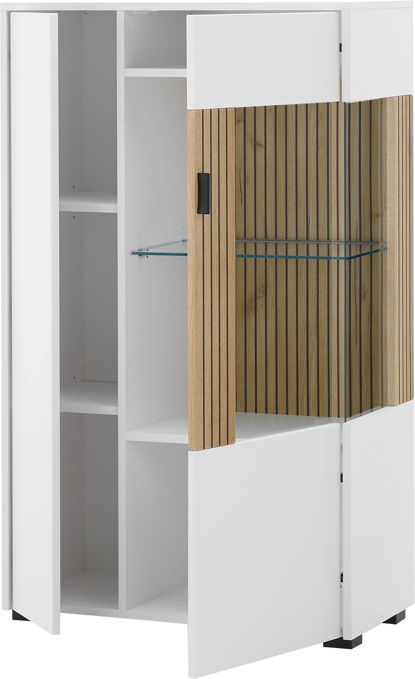 INOSIGN Vitrinekast Hudson, opberg vitrine, staande vitrine in moderne trendkleur, handgrepen van metaal (zwart), hoogte 125 cm
