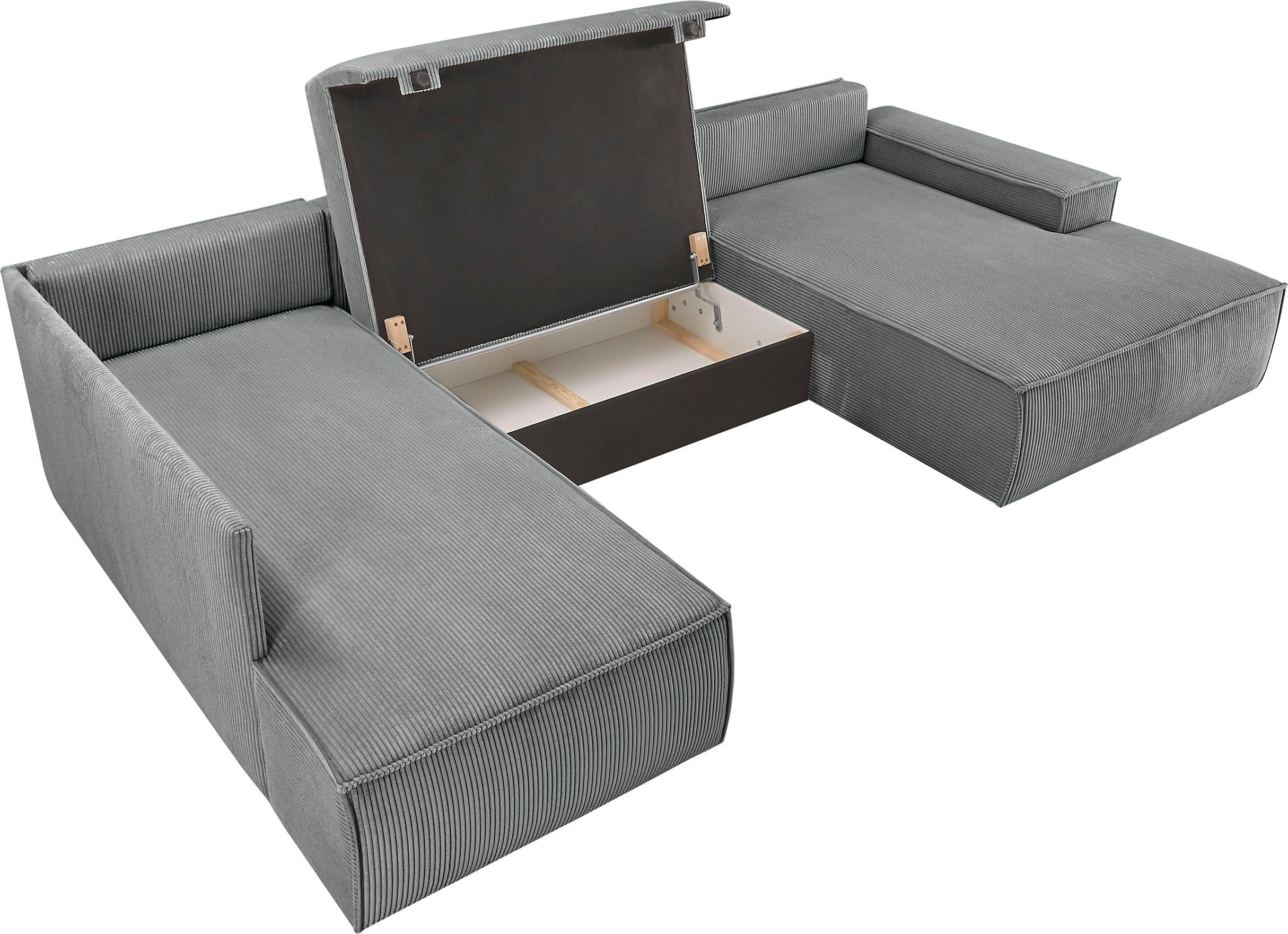 Home affaire Zithoek SHERWOOD 329 cm, U-vorm, slaapbank, Slaapfunctie met bedkist (194x139 cm), cord, vintage, fluweel