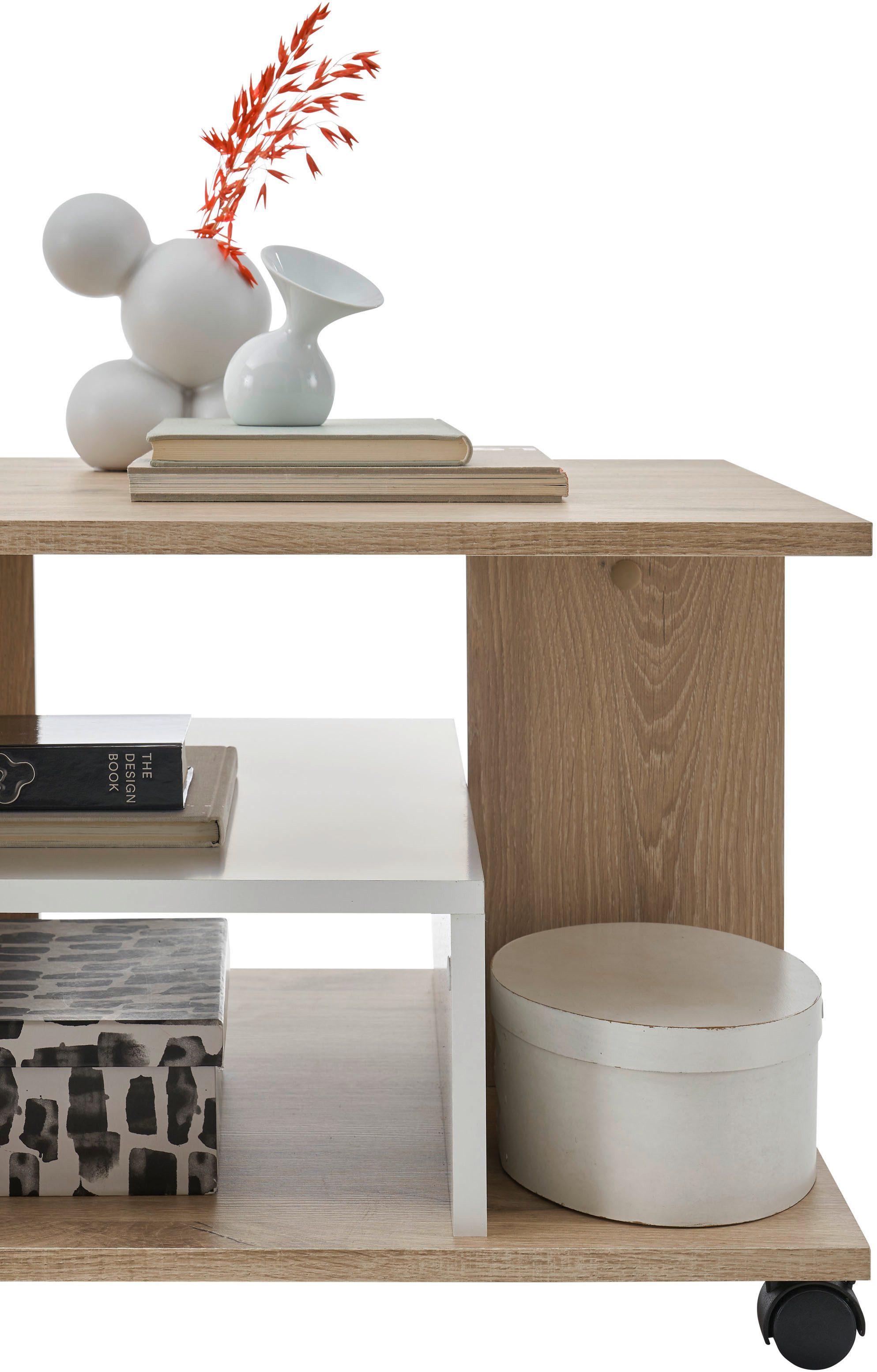 Stolkom Salontafel Marti met wielen en planken, Rima eik wit, BxHxD 110x42,5x60 cm