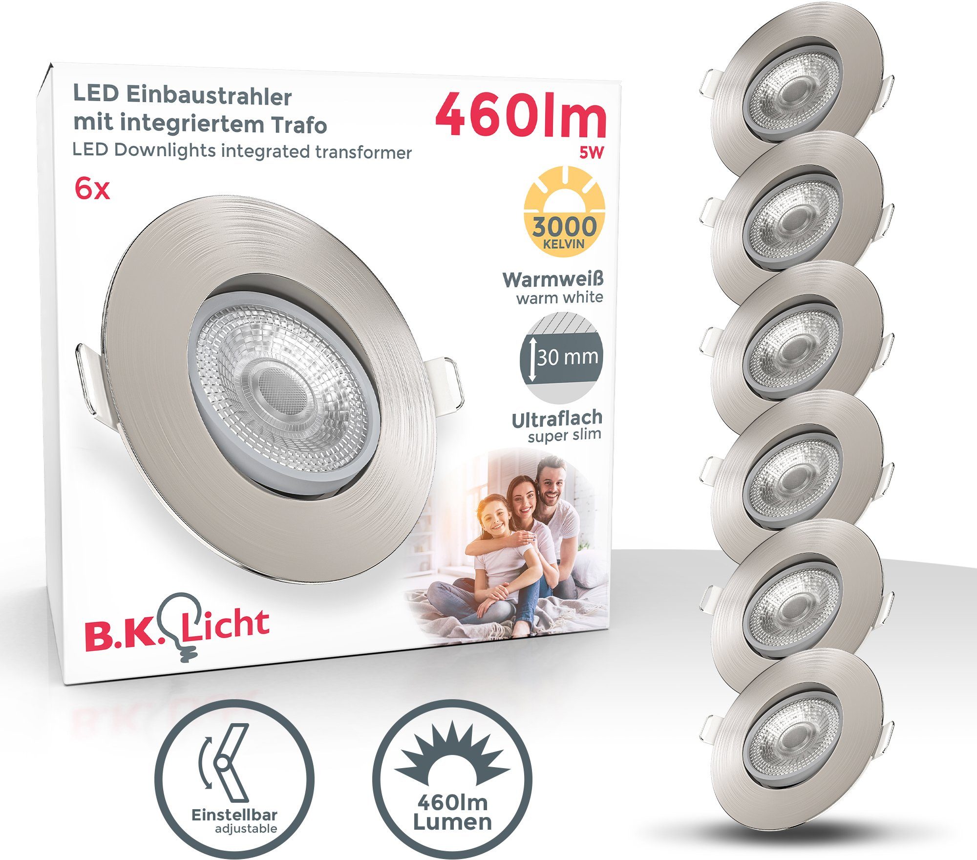 B.K.Licht Ledinbouwlamp 6-delige set inbouwspots, draaibaar, plafondspots, platte spots