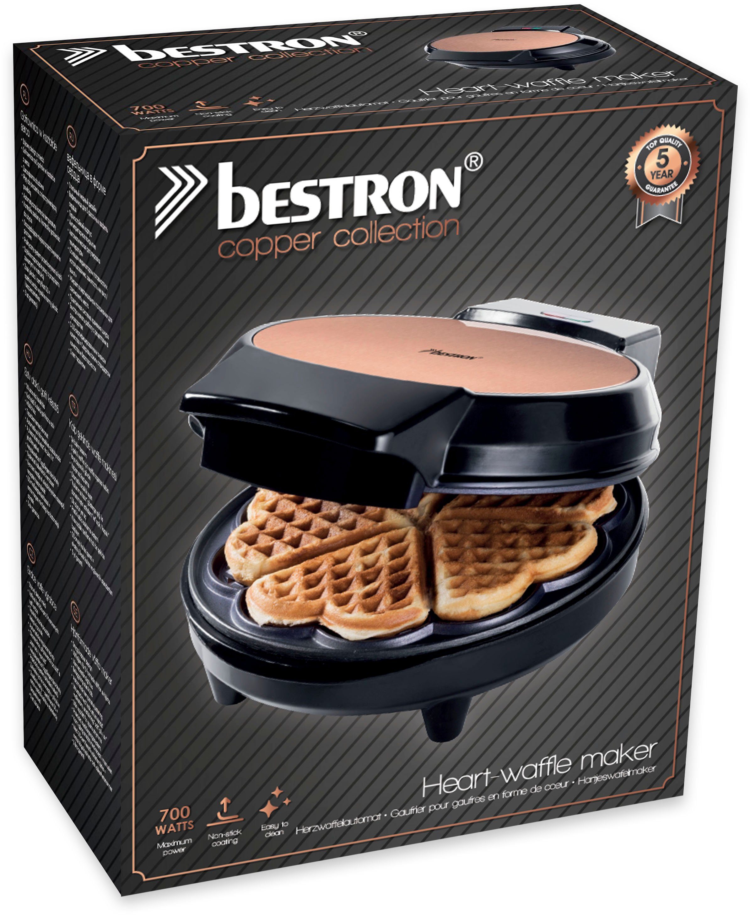 bestron Wafelijzer AWM700CO Wafelijzer met antiaanbaklaag voor wafels in hartmodel