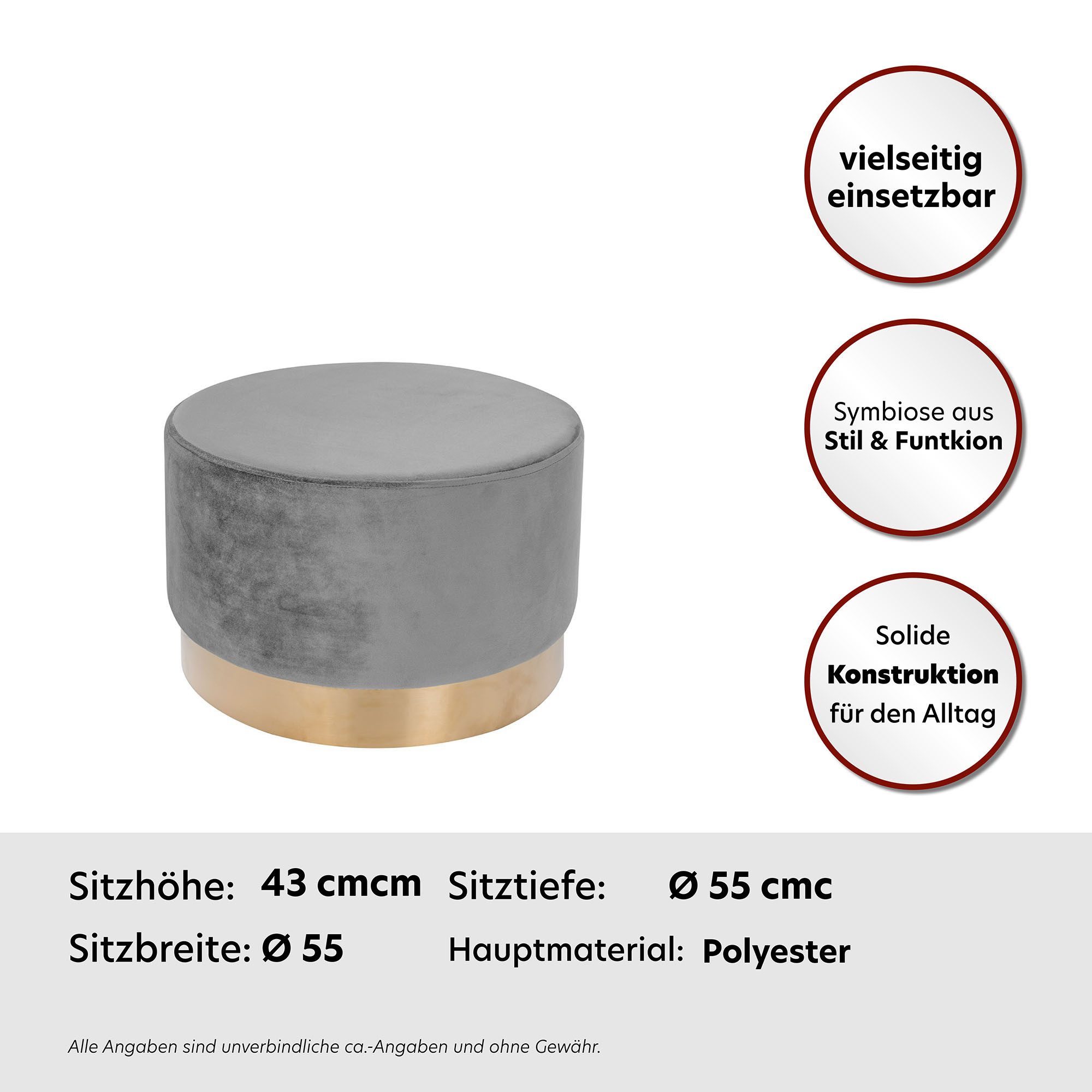 Kayoom Hocker Nano 510, hocker in stijlvol ontwerp, zachte schuimzitting Goudkleurige accenten, met onderhoudsvriendelijke stofbekleding, grote ronde vorm (1 stuk)