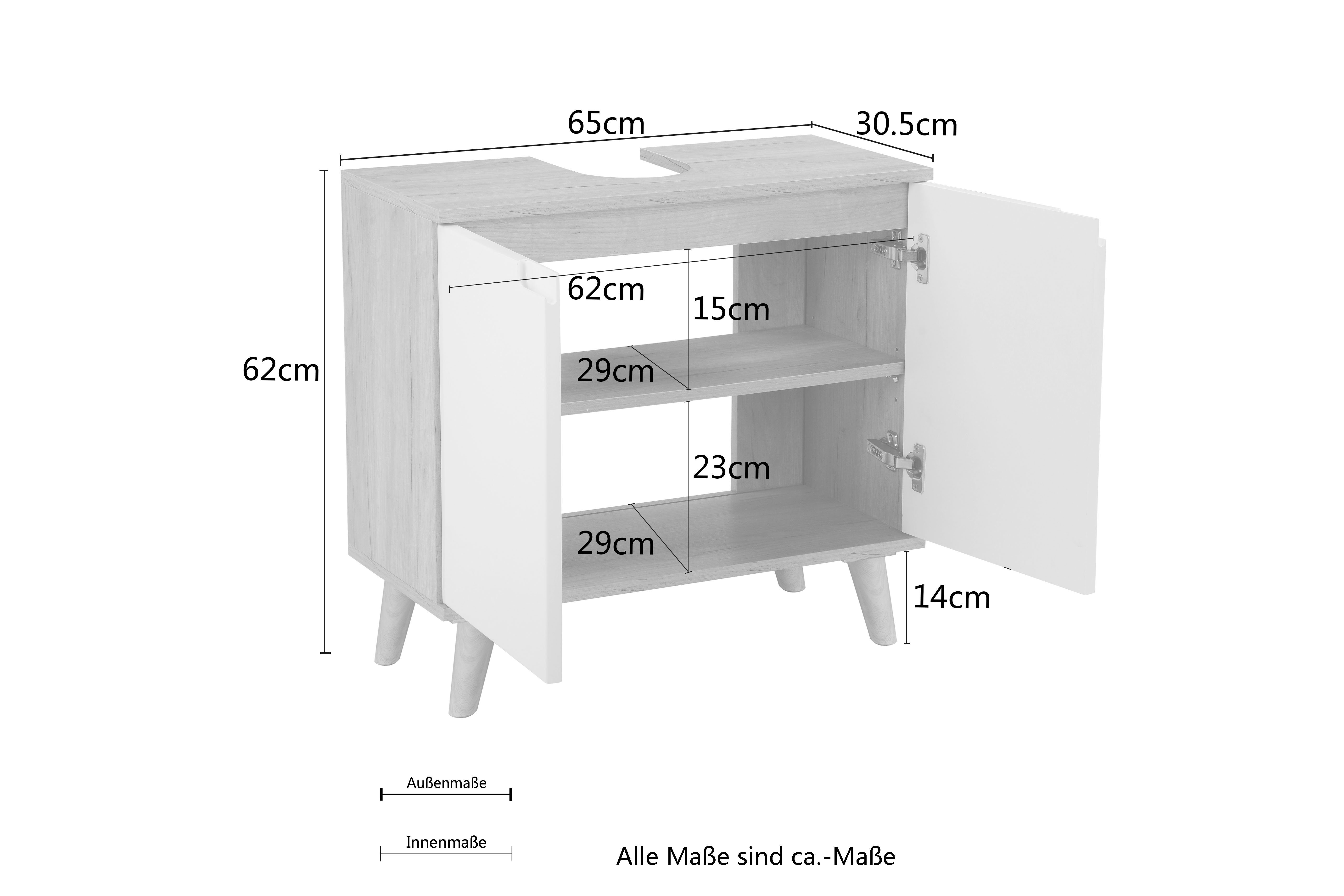 welltime Wastafelonderkast Lund wastafelonderkast voor aan de wand hangende wasbak WC onderkast Badkamerkast wastafelonderkast breedte 65 cm met sifonuitsparing badkamerkast