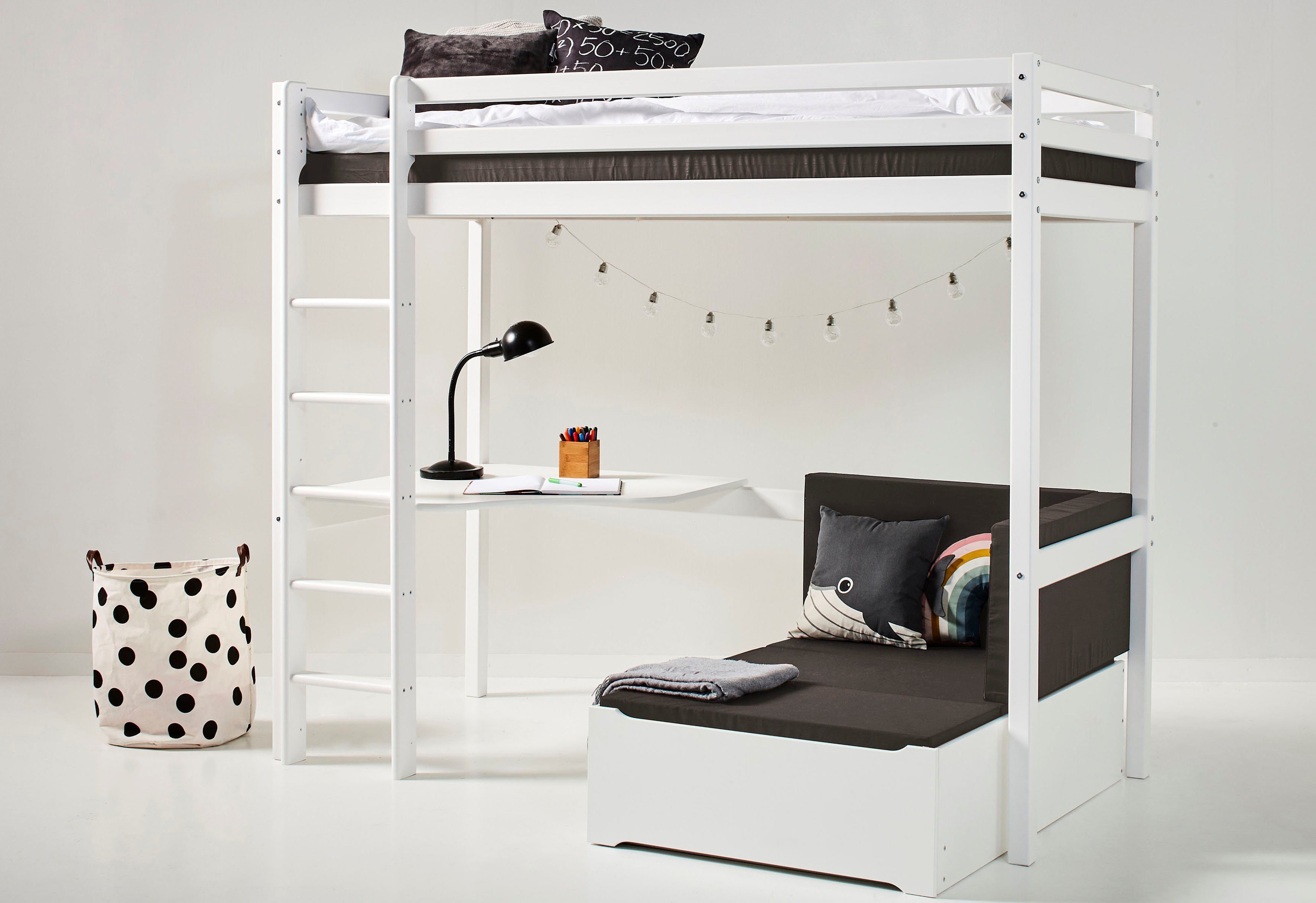 Hoppekids Hoogslaper ECO Dream 90x200 met bureau & loungebank / logeerbed Kinderbed van massief hout, bank uitschuifbaar tot logeerbed