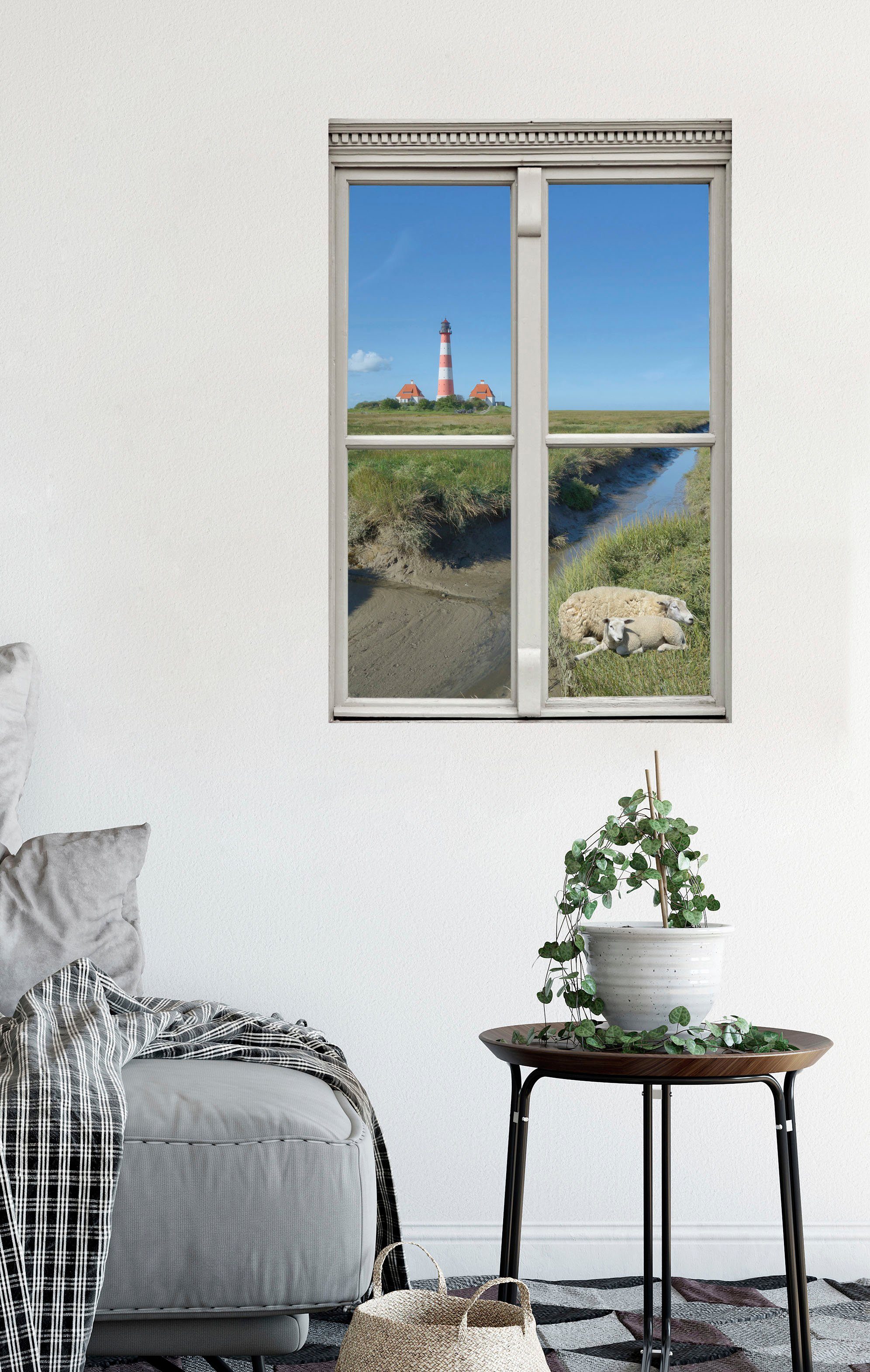 queence Wandfolie Schapen en vuurtoren Muursticker, muurdecoratie, zelfklevend, 3D, raam