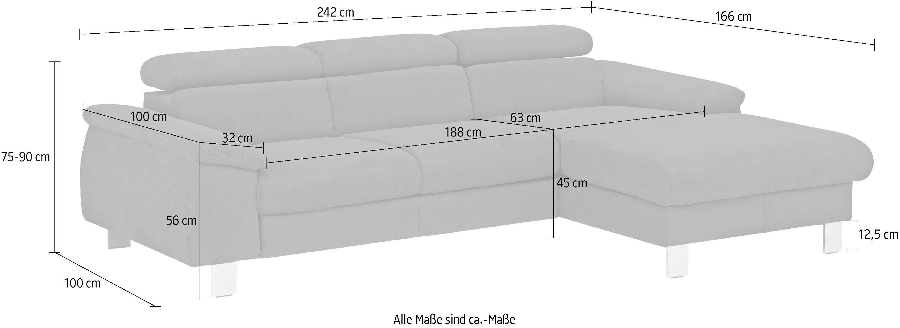 COTTA Zithoek Komaris L-Form, B: 242 bzw. 100 cm (Set: Ecksofa & Hocker) bestaand uit hoekbank en hocker, met verstelbare hoofdsteun (set)