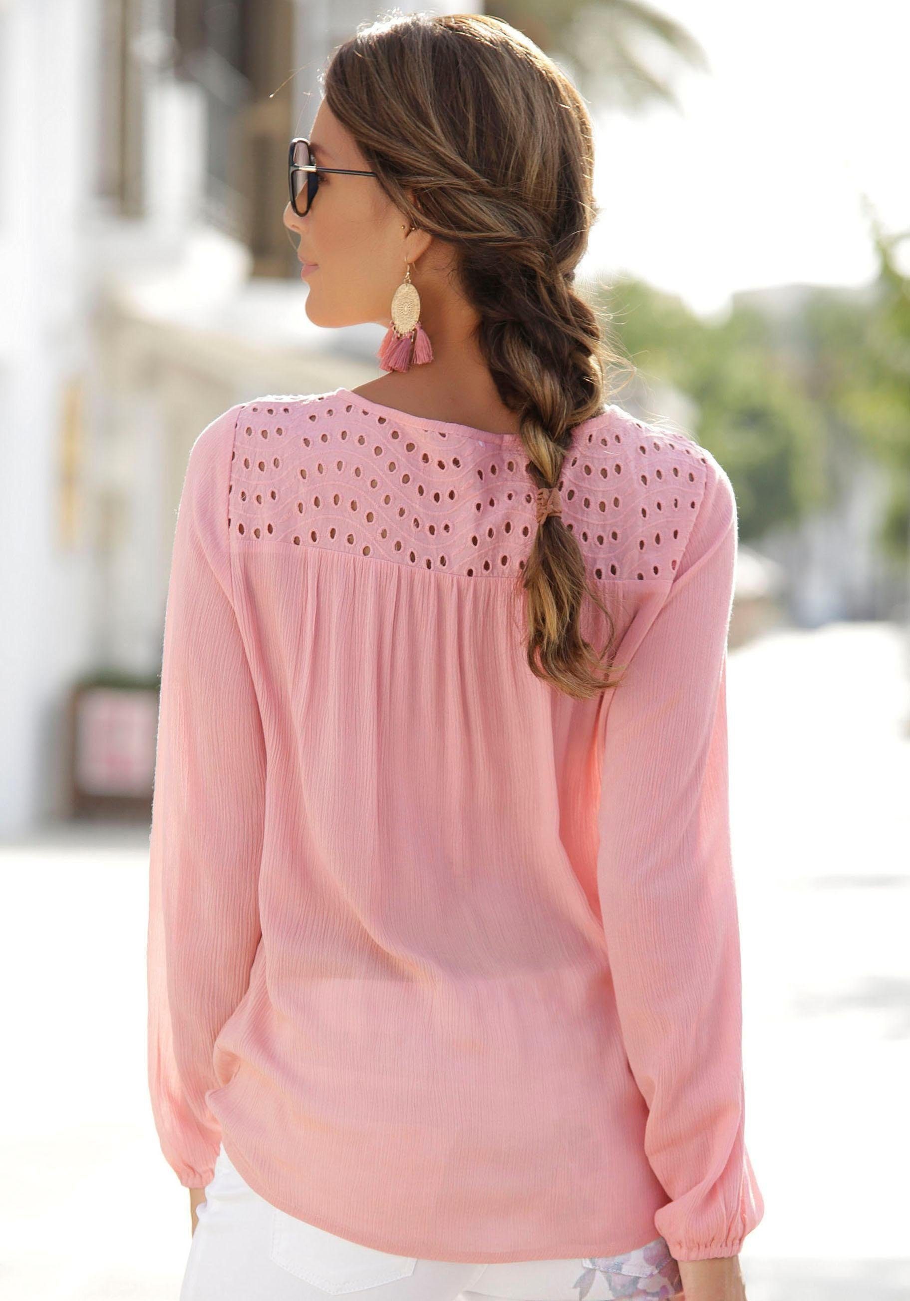 Lascana Crêpe-blouse met geborduurde oogjes, damesblouse, losse pasvorm