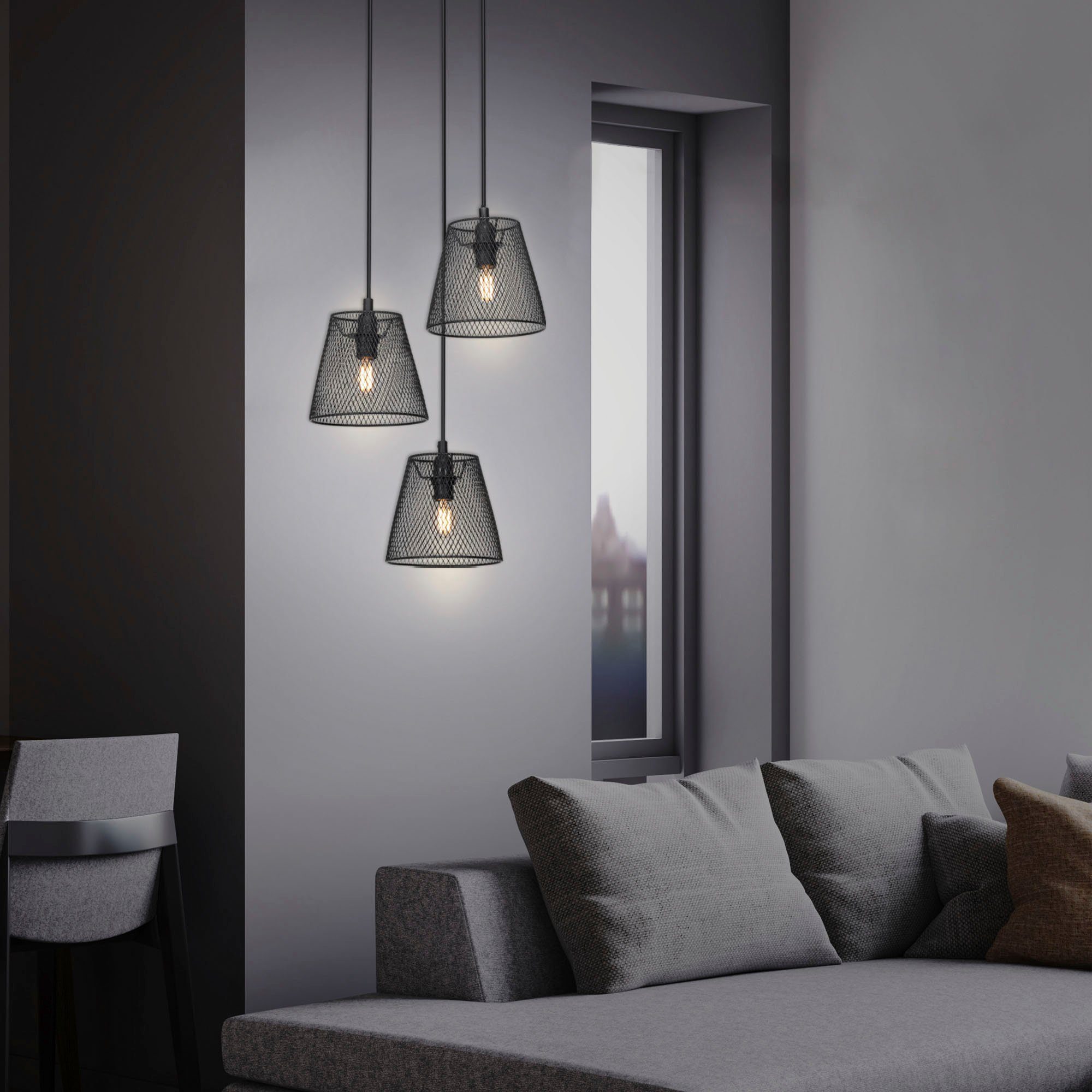 Briloner Leuchten Hanglamp TAUNUS 3-vlamig, retro/vintage, metalen kap en houten basis, zwart, 21 cm (1 stuk)
