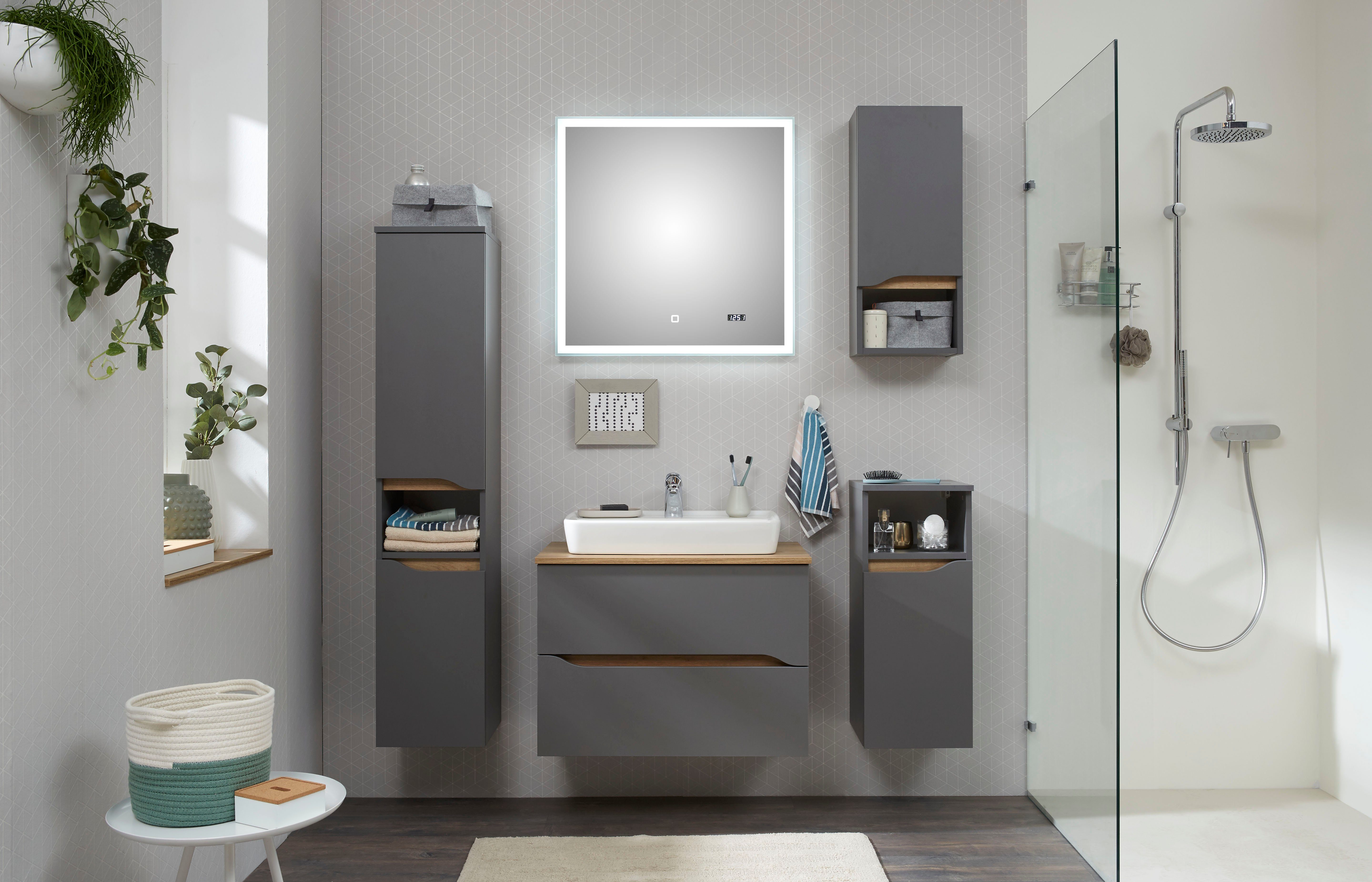 Saphir Badkamerserie Quickset 5-delig, keramieken opzetwasbak met led-spiegel Halfhoge kast, onderkast, hangend kastje, inclusief deurdemper, 6 deuren (7-delig)