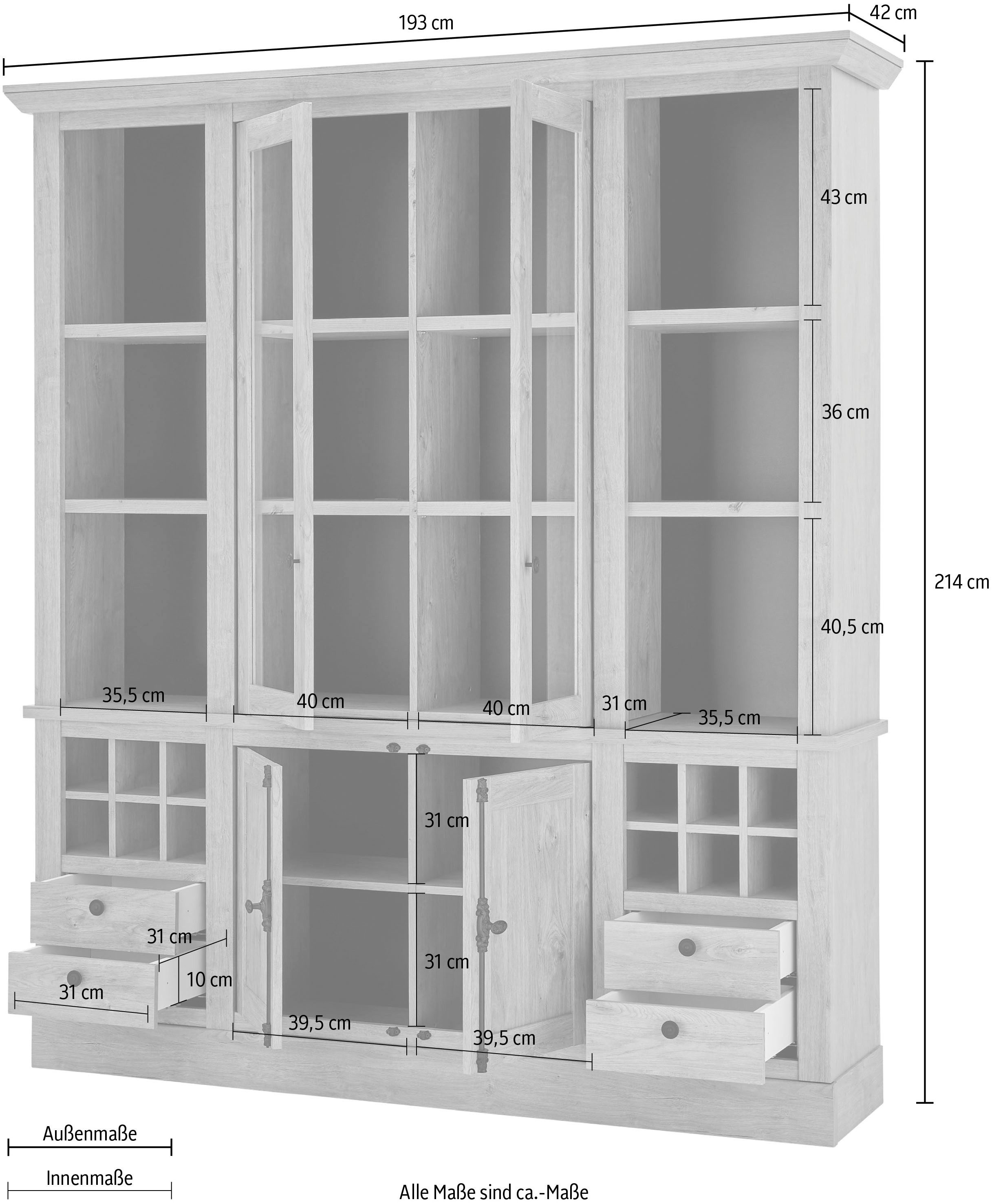 Home affaire Buffetkast Cornwall, keukenkast in landelijke stijl, dressoir, eiken decor Metalen handgrepen, 193 cm breed, veel opbergruimte, incl. flesindeling (1 stuk)