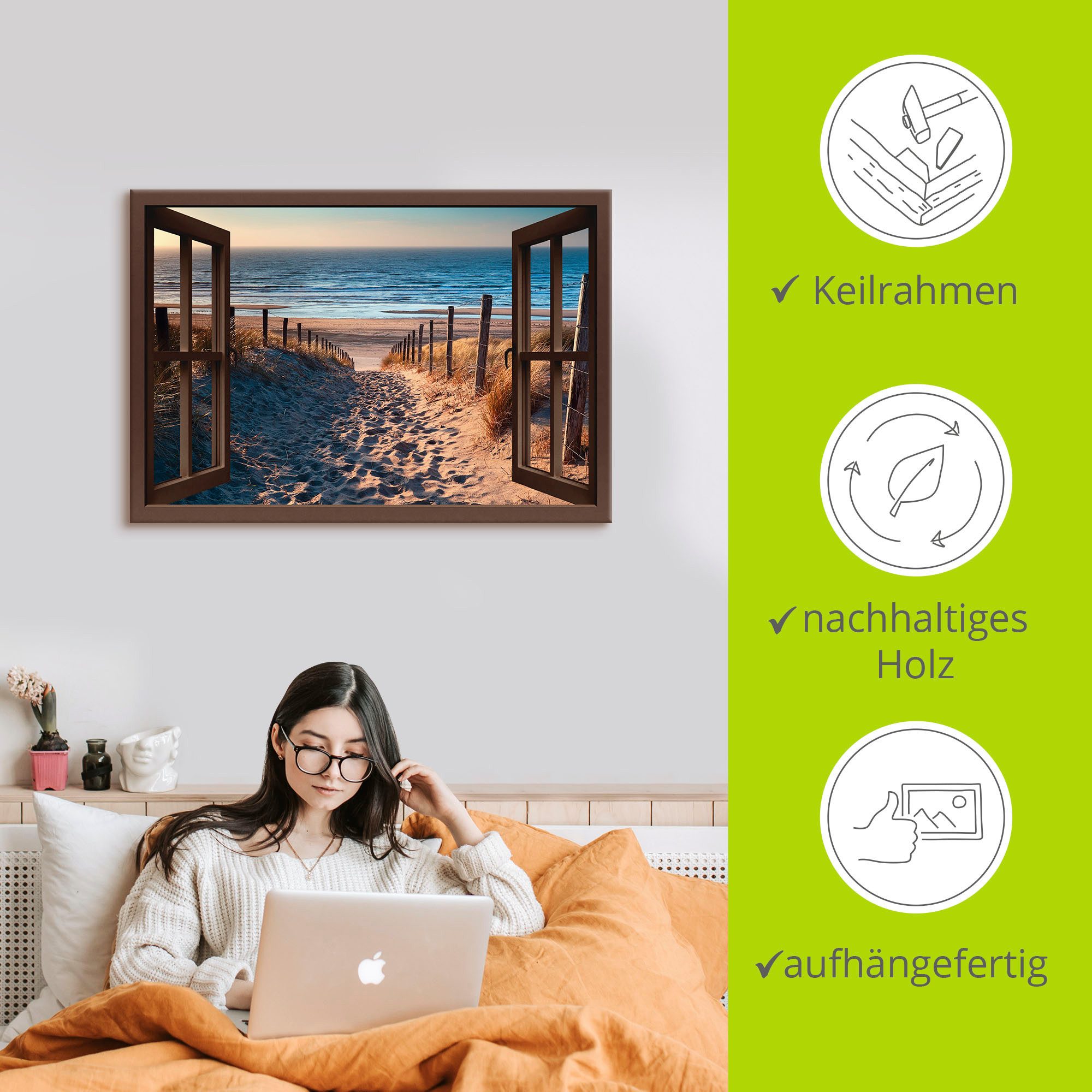 Artland Artprint Blik uit het venster weg naar Noordzeestrand als artprint op linnen, poster, muursticker in verschillende maten