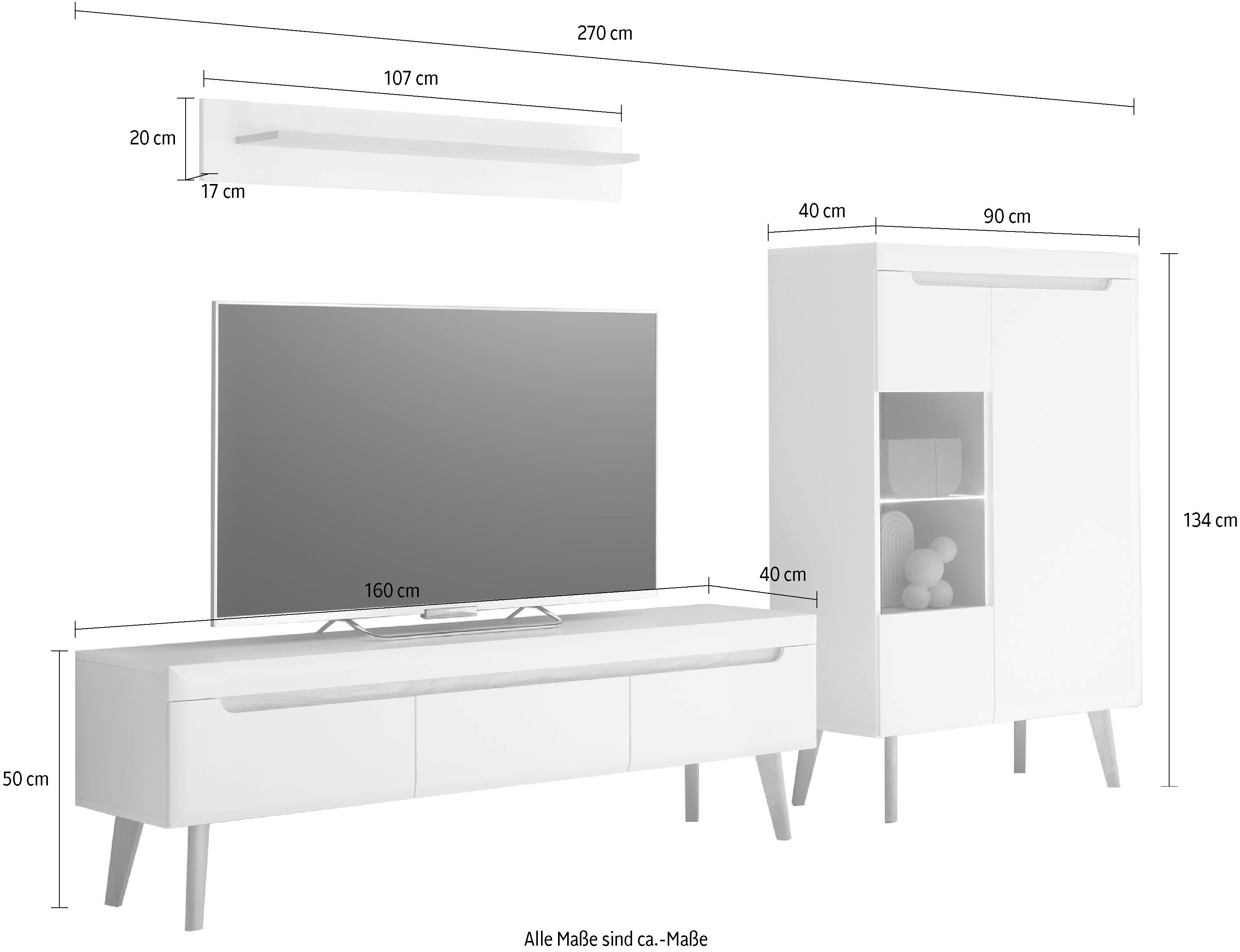 INOSIGN Wandmeubel Torge, wandmeubel, kastwand, mediawand, woonkamer-set bevat 1 vitrine, 1 lowboard + 1 wandplank, 270 cm breed (set, 3-delig)