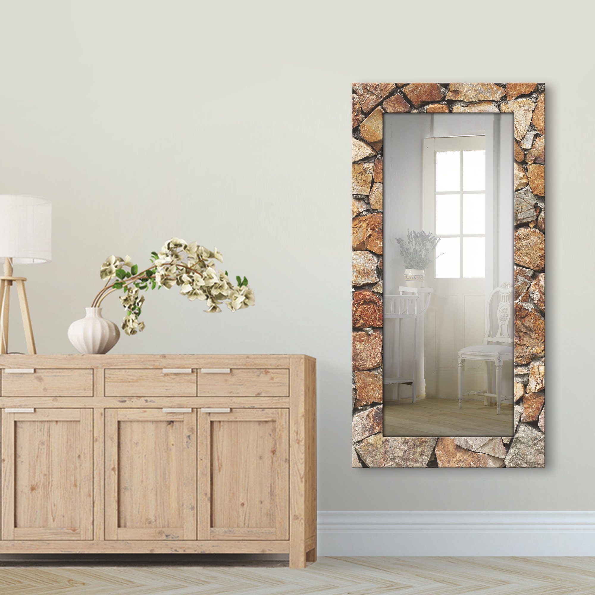 Artland Sierspiegel Bruine stenen muur spiegel met lijst voor het hele lichaam, wandspiegel, met motiefrand, landhuis wandspiegels maat 60,4 cm x