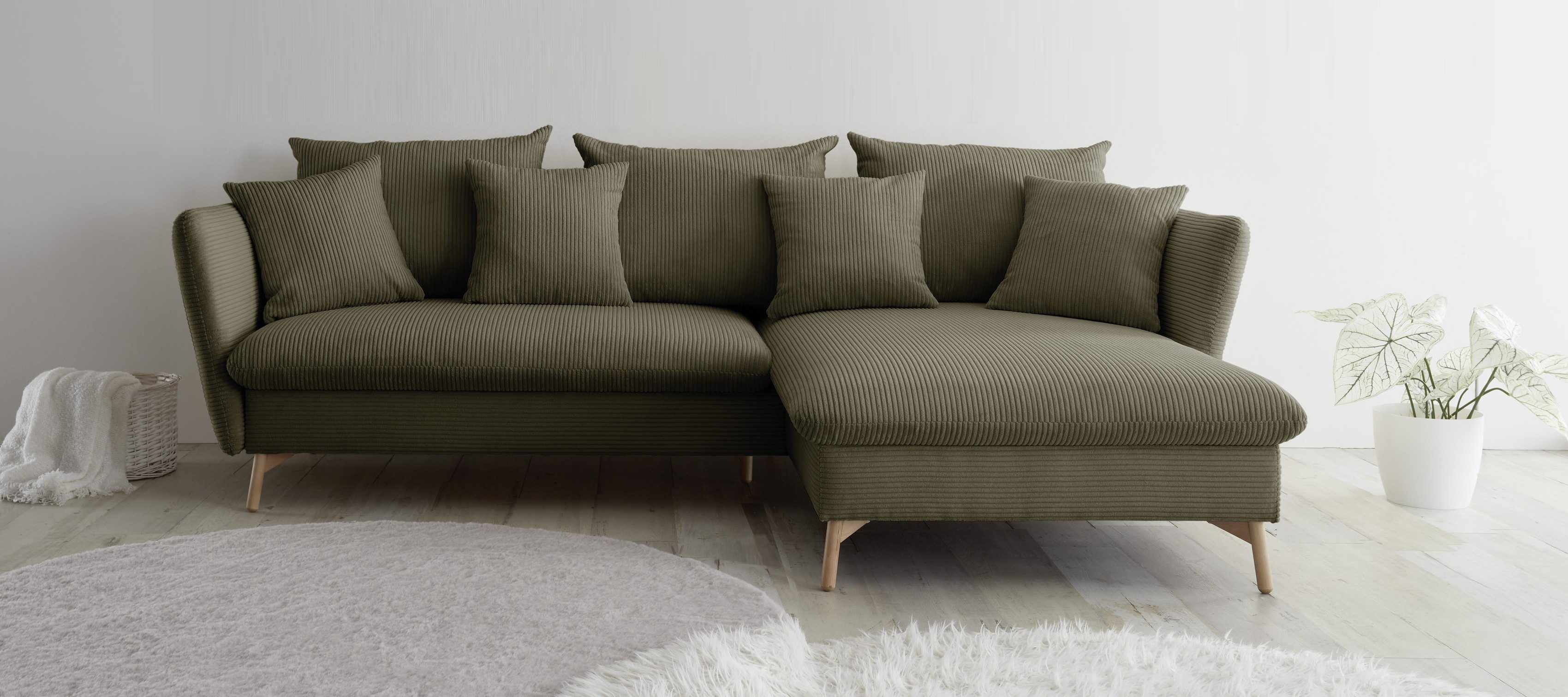 andas Hoekbank MERLE, 258 cm, L-vorm, prachtige corduroy, met slaapfunctie en bedlade, ligoppervlak 224 x 139 groen, hoekbanken, Recamiere rechts