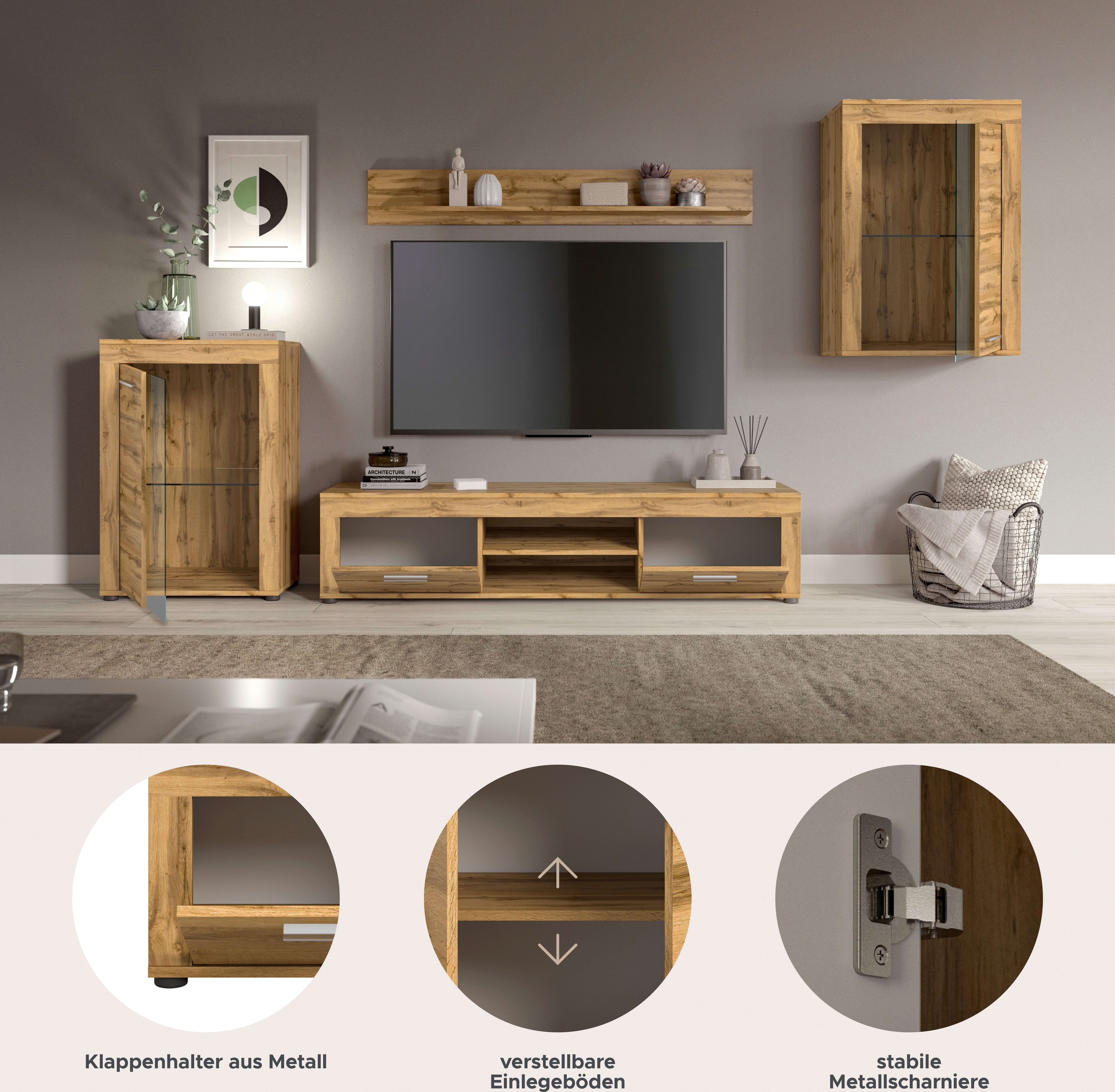 INOSIGN Wandmeubel Aosta, 4-delig, bestaande uit: 2x vitrinekast, lowboard & wandplank (4-delig)