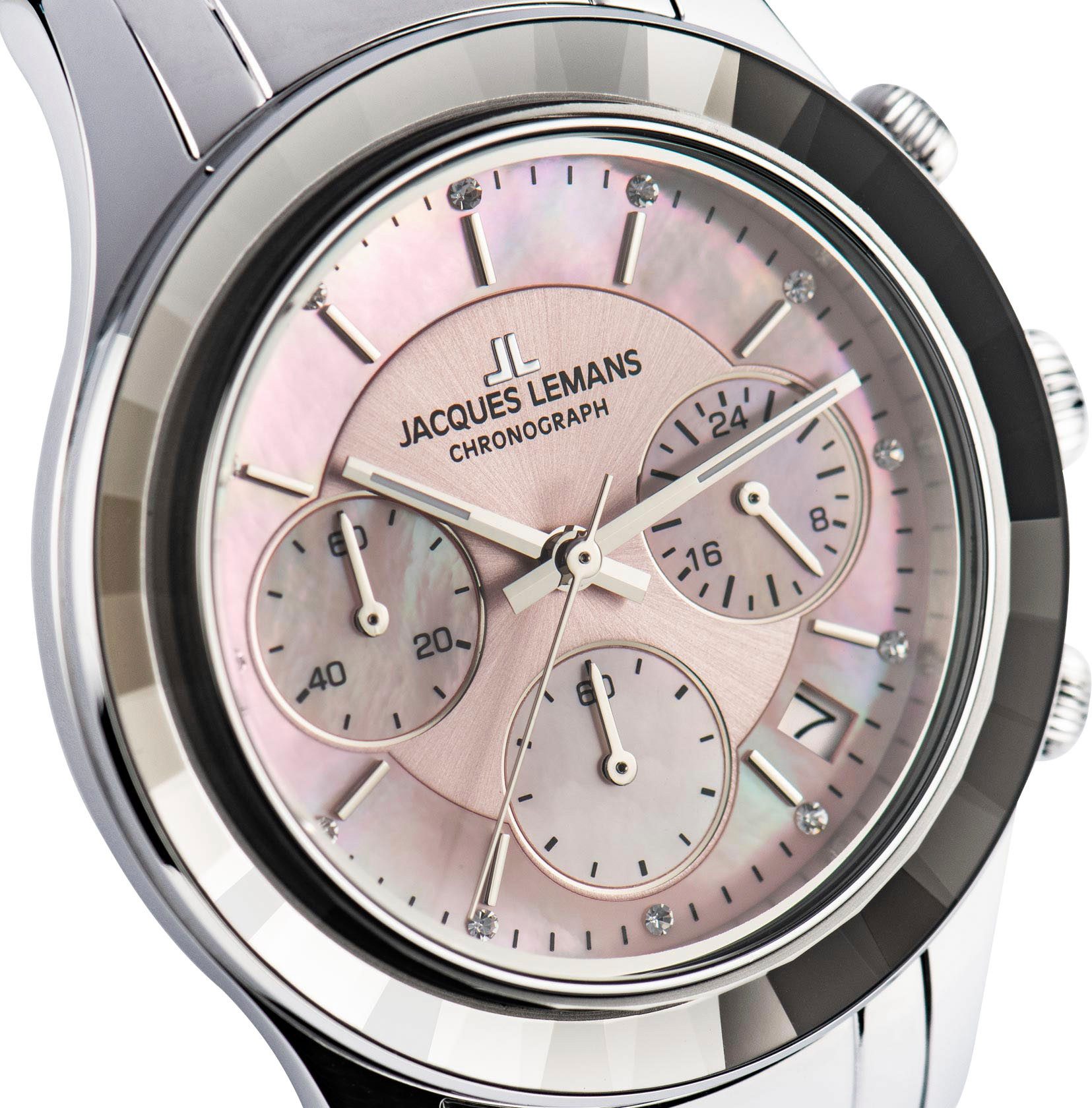 Jacques Lemans Chronograaf Venice Polshorloge, dameshorloge, leren band, stopwatchfunctie, datum, parelmoer