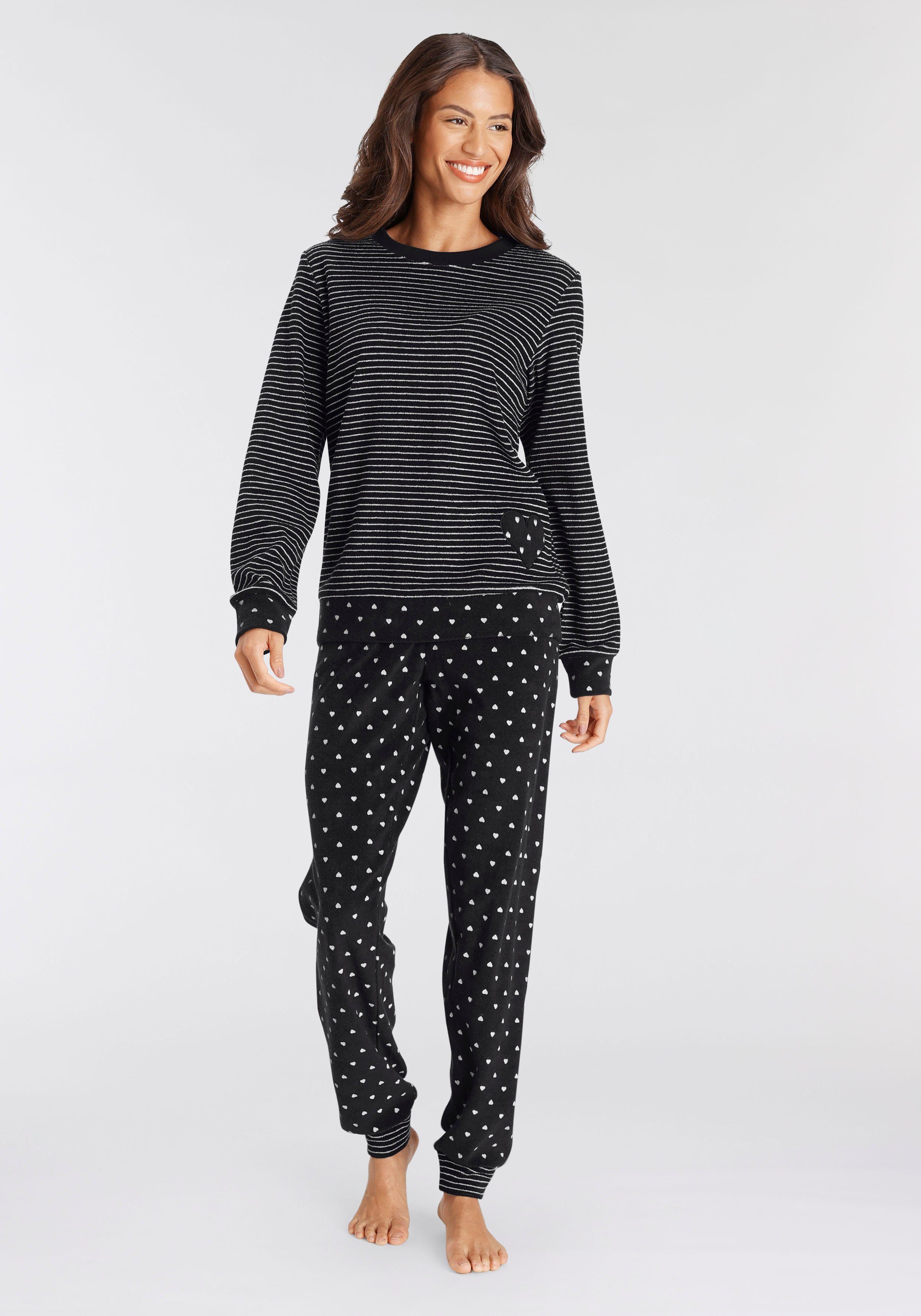 Vivance Dreams Pyjama van zachte frotté met strepen en harten (2-delig) dames pyjama's maat 32/34 grijs
