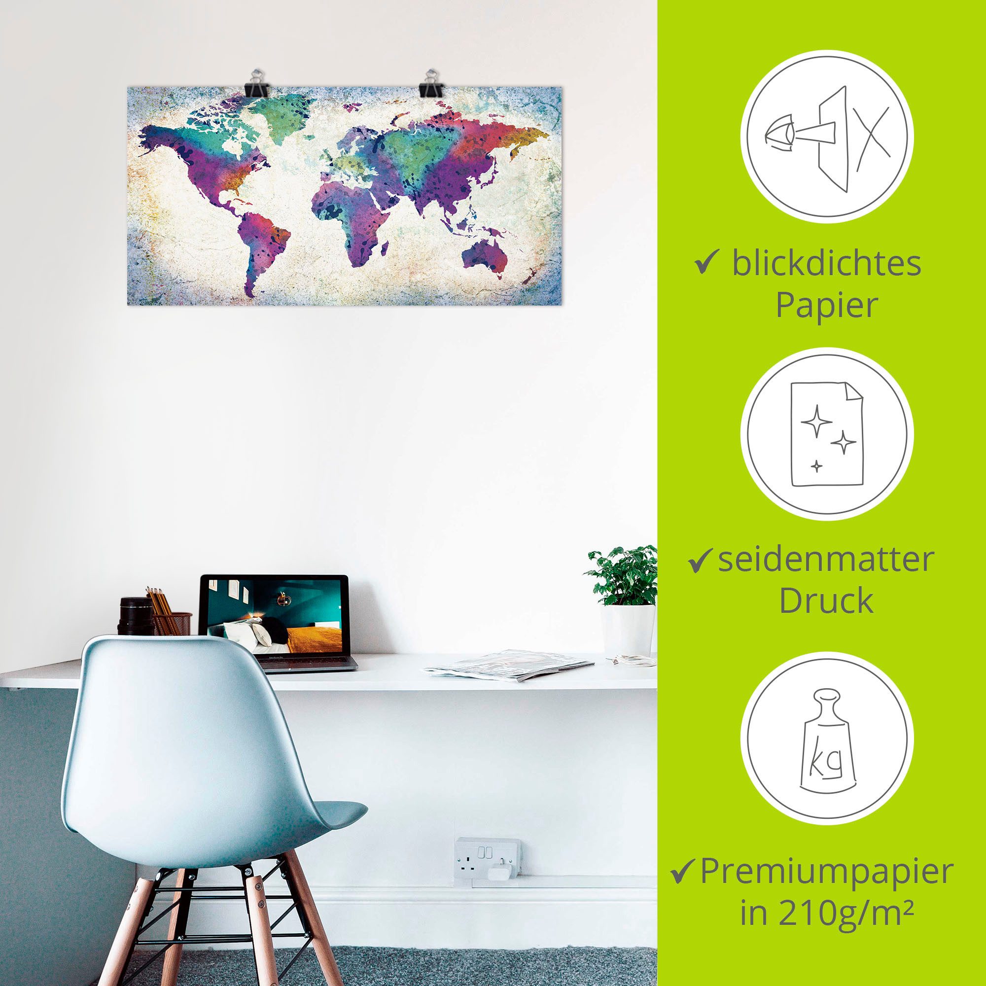 Artland Artprint Veelkleurige wereldkaart als artprint van aluminium, artprint voor buiten, artprint op linnen, poster, muursticker