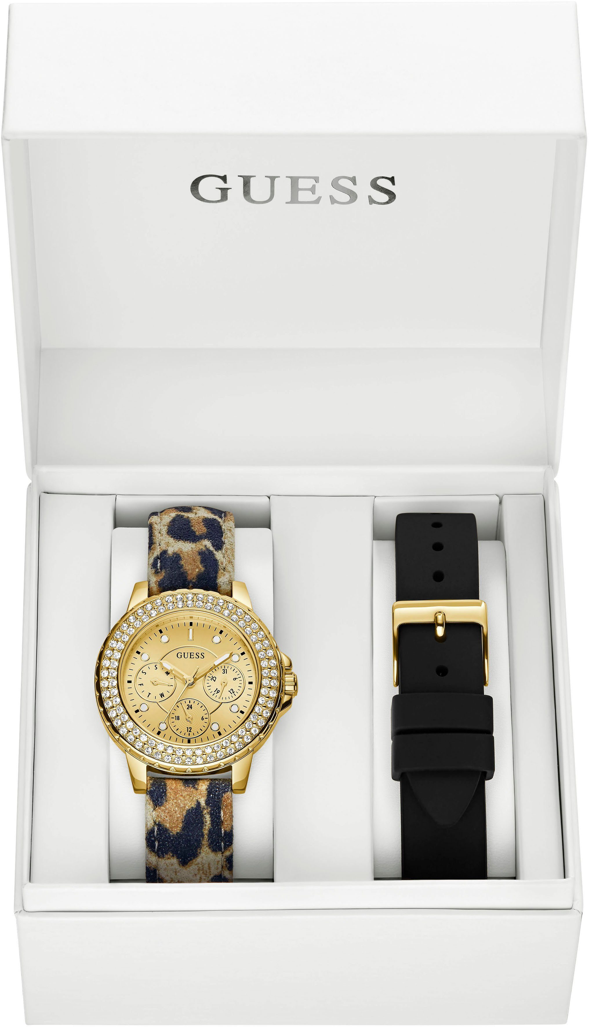 Guess Multifunctioneel horloge CROWN JEWEL Horloge, quartzhorloge, dameshorloge (set, 2-delig, Met zwart siliconen verwisselbaar bandje)