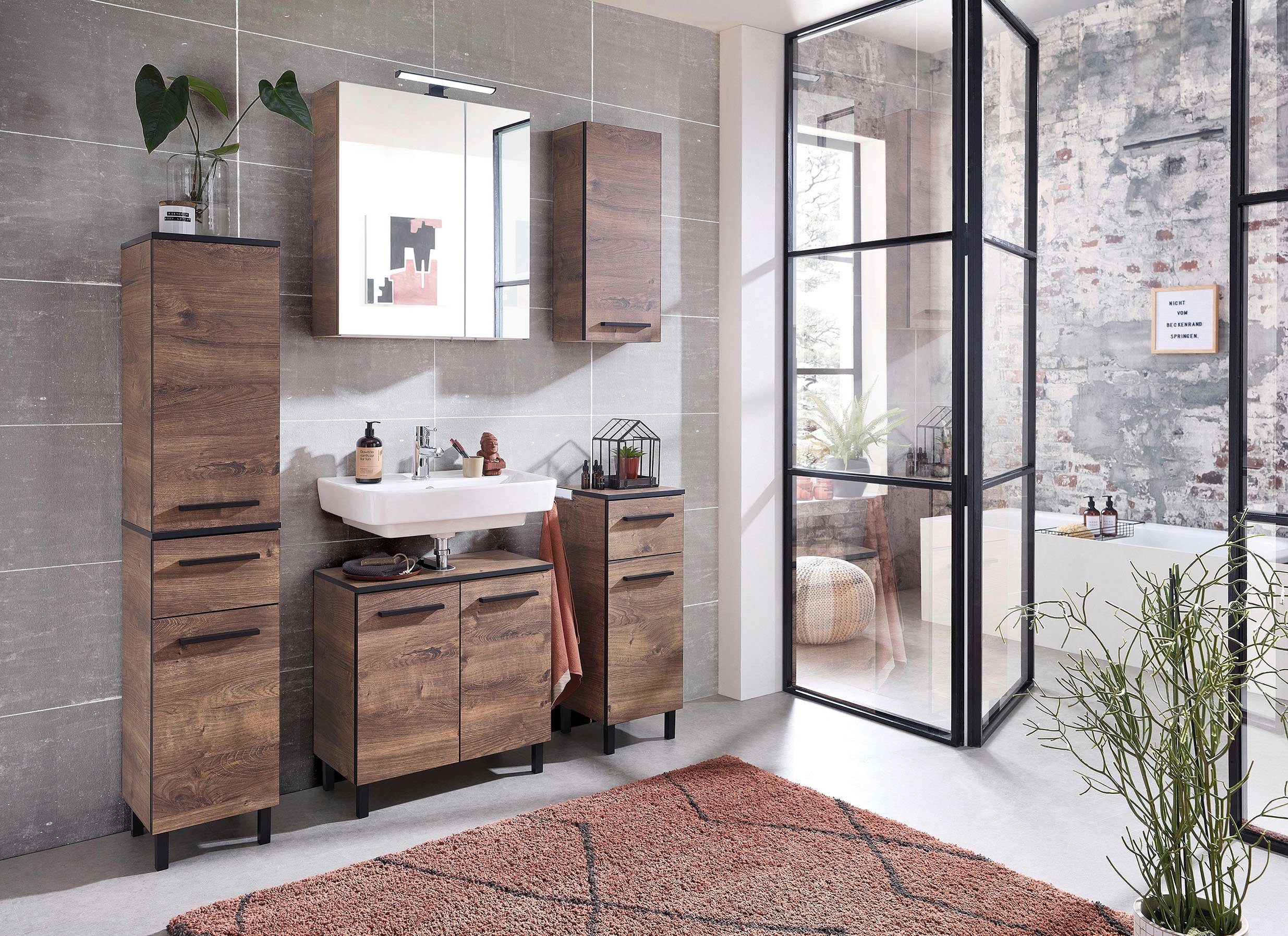 Saphir Badkamerserie Quickset 374 5-delig, wastafelonderkast met LED-spiegelkast Halfhoge kast, onderkast, hangkast, incl. deurdemper, 7 deuren (7-delig)