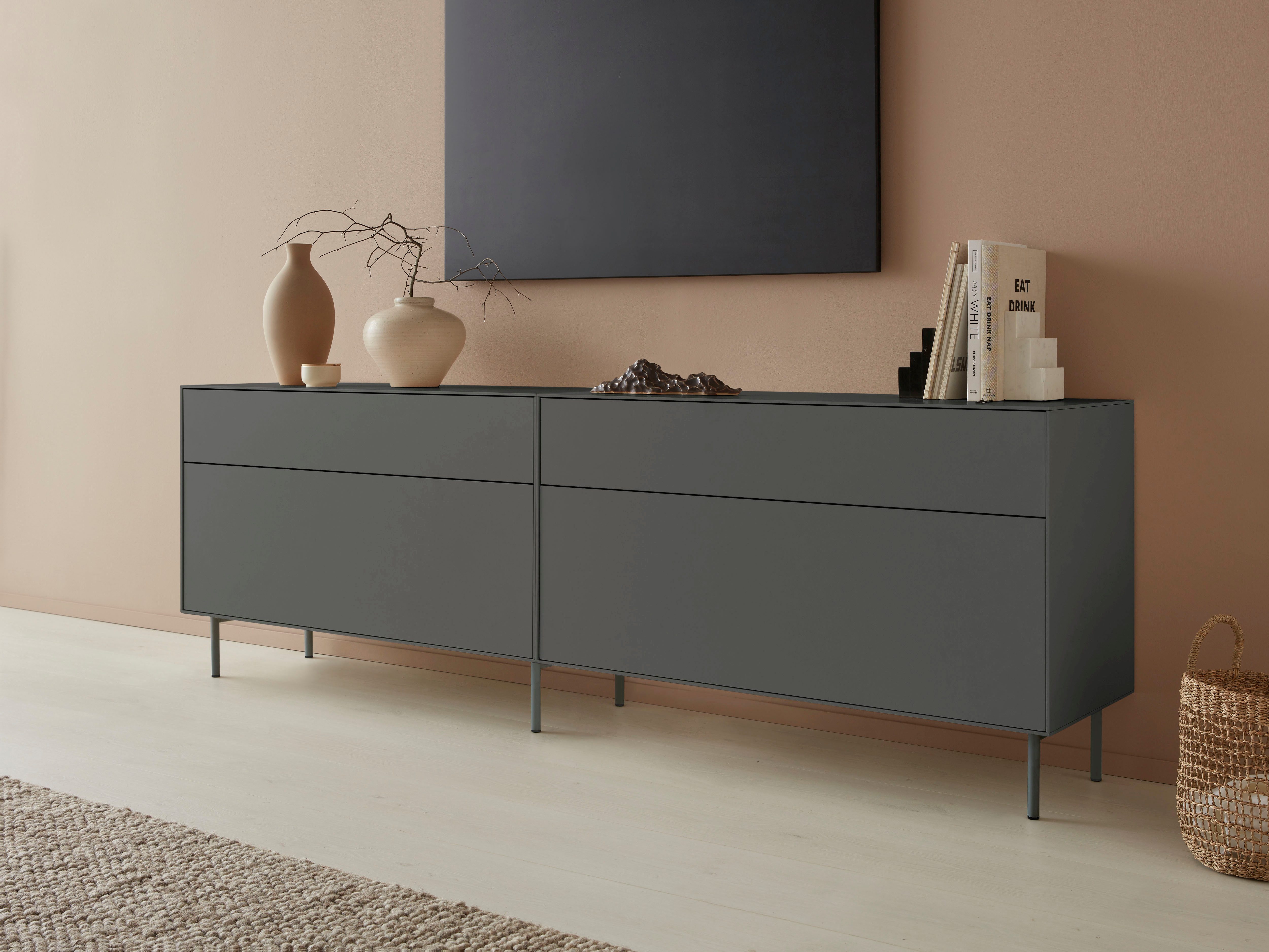 LeGer Home by Lena Gercke Tv-meubel Essentials Breedte: 224 cm, MDF gelakt, push-to-open-functie (2 stuks) lowboards grijs