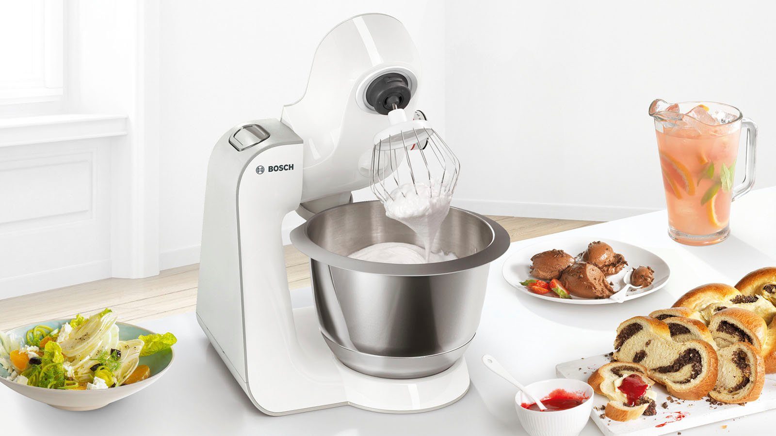 BOSCH Keukenmachine Serie 4 MUM58L20, continu rasp- en snijapparaat, mixer, grijs 3 schijven, kom, kneedhaak/mix-/siliconen garde, vaatwasserbestendig