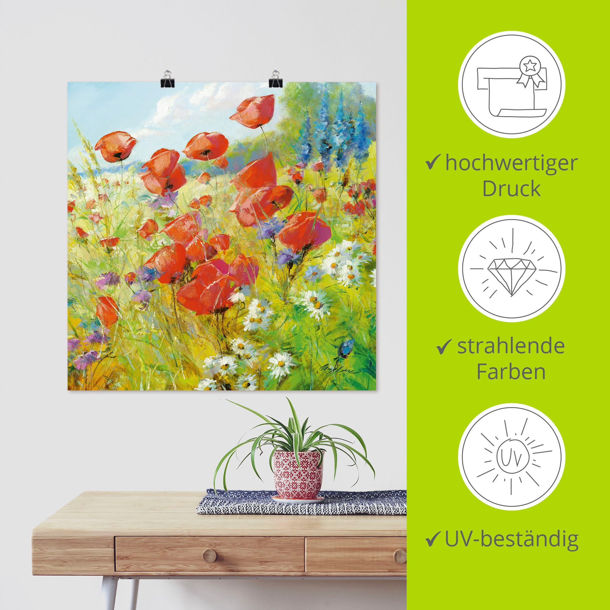 Artland Artprint Zomerweide met klaprozen als artprint van aluminium, artprint voor buiten, artprint op linnen, poster in verschillende maten. maten