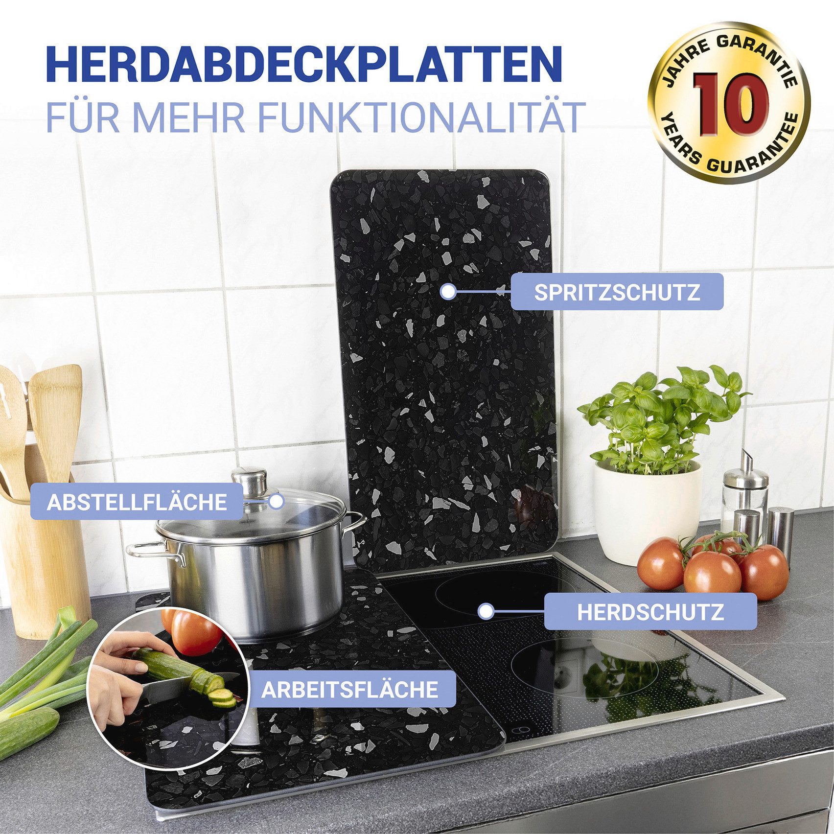 WENKO Kookplaatdeksel Universeel model Terrazzo Kookplaatafdekking voor alle soorten kookplaten, krasvast, met antislipvoetjes (set, 2-delig)