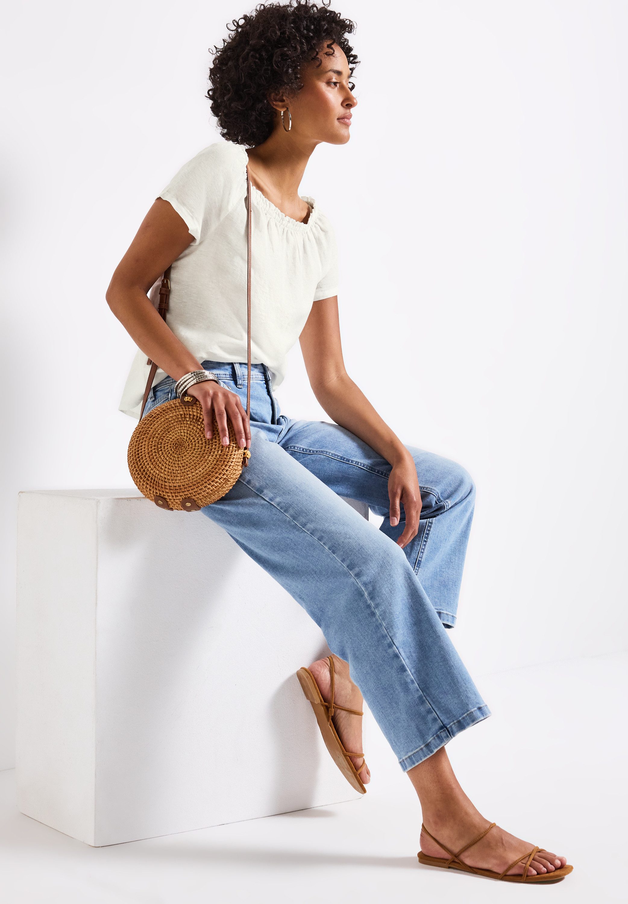 STREET ONE Crêpe-blouse met ruches-kraag en van linnen