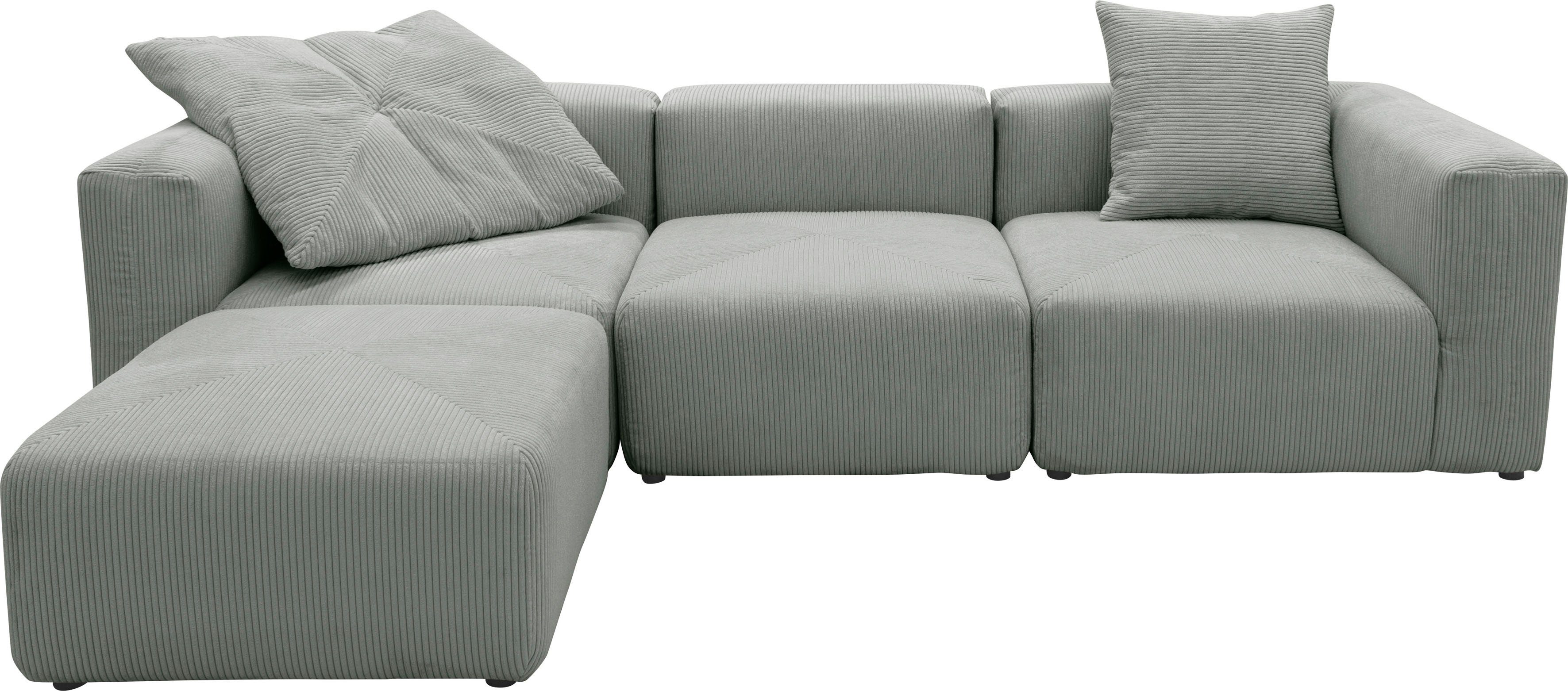 RAUM.ID Hoekbank Gerrid L-vorm Ribfluwelen bekleding, modulaire bank, bestaande uit hoek- en tussenelement + voetenbank/poef