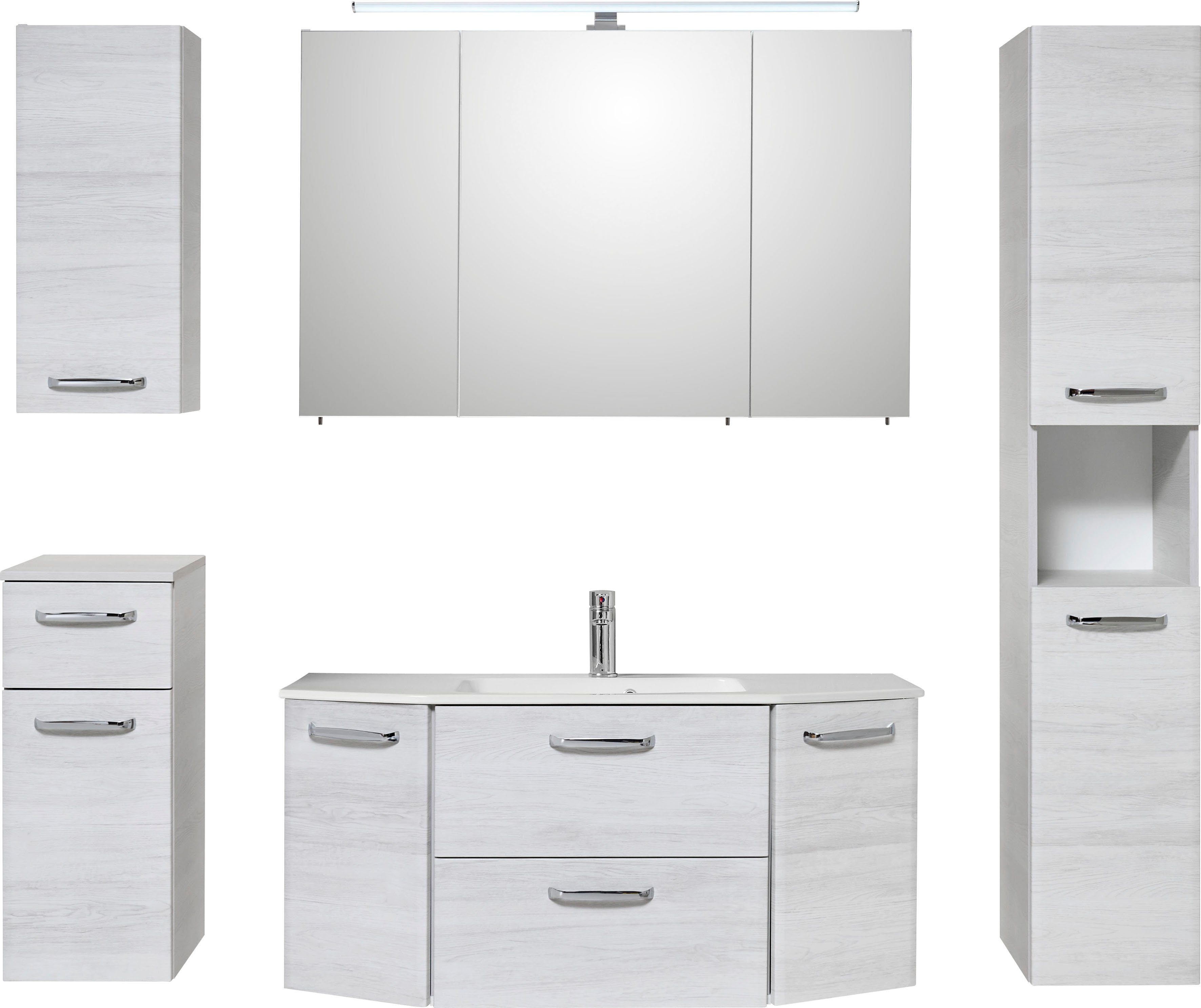 Saphir Badkamerserie Quickset 936 5-delig, glazen wastafel met LED-spiegelkast Wastafelmeubel, inclusief deurdemper, 9 deuren, 1 klep, grepen glanzend chroom (set, 5-delig)