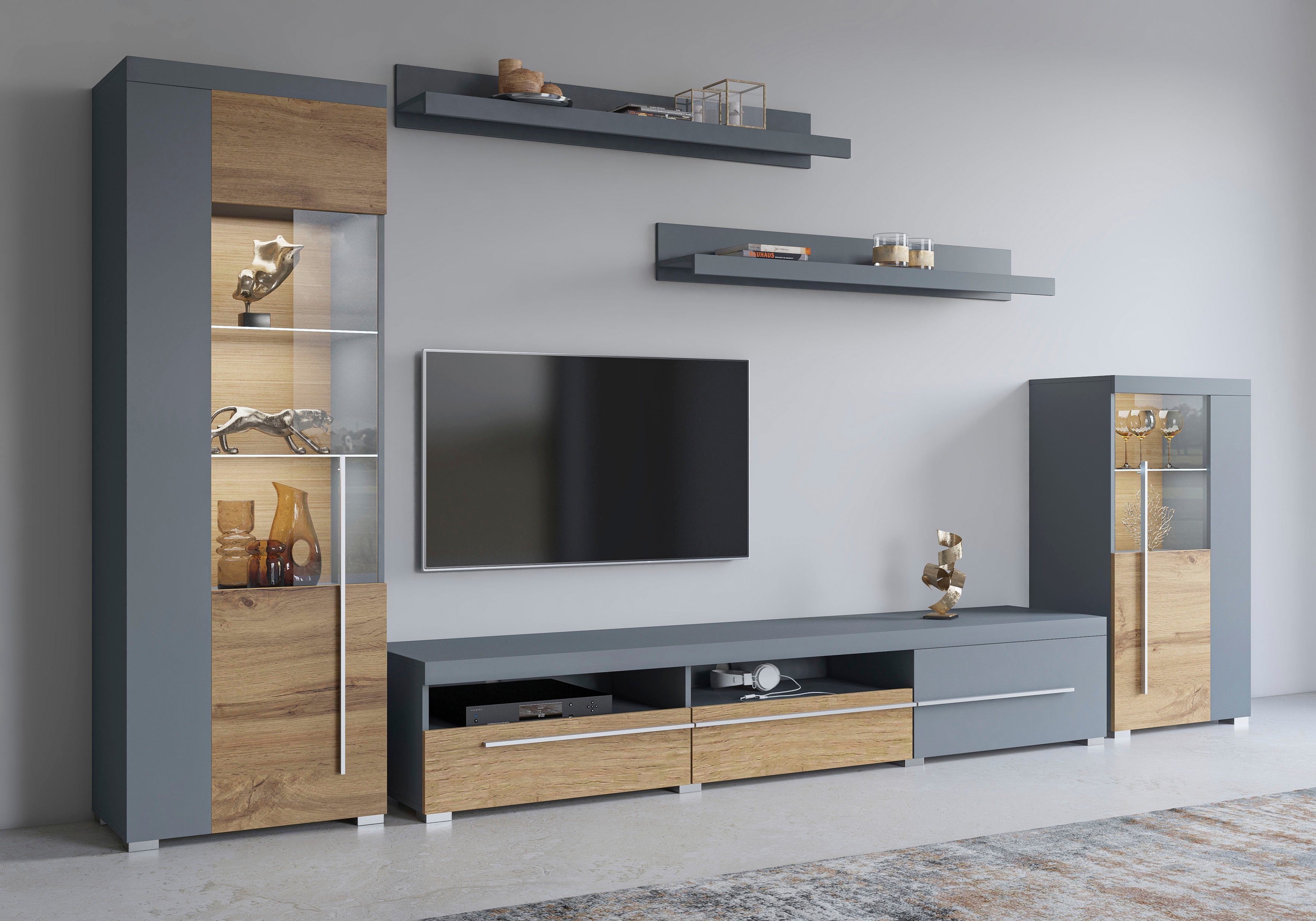 INOSIGN Wandmeubel Roger, breedte 270 cm modern mediawandmeubel zonder verlichting Aanbouwwand (set, 5-st) veel opbergruimte, vitrines met glazen deur