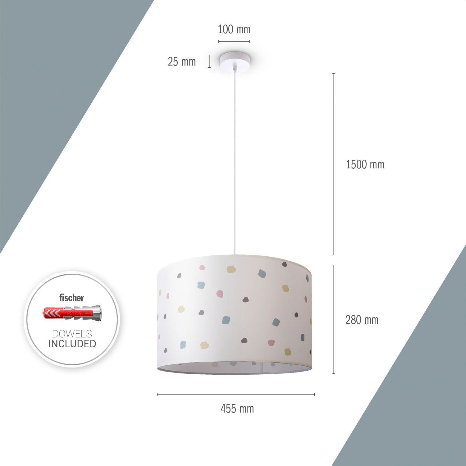 Paco Home Hanglamp Hugo Dots Pendellamp lampenkap rond stof stippen kleurig textielkap retro
