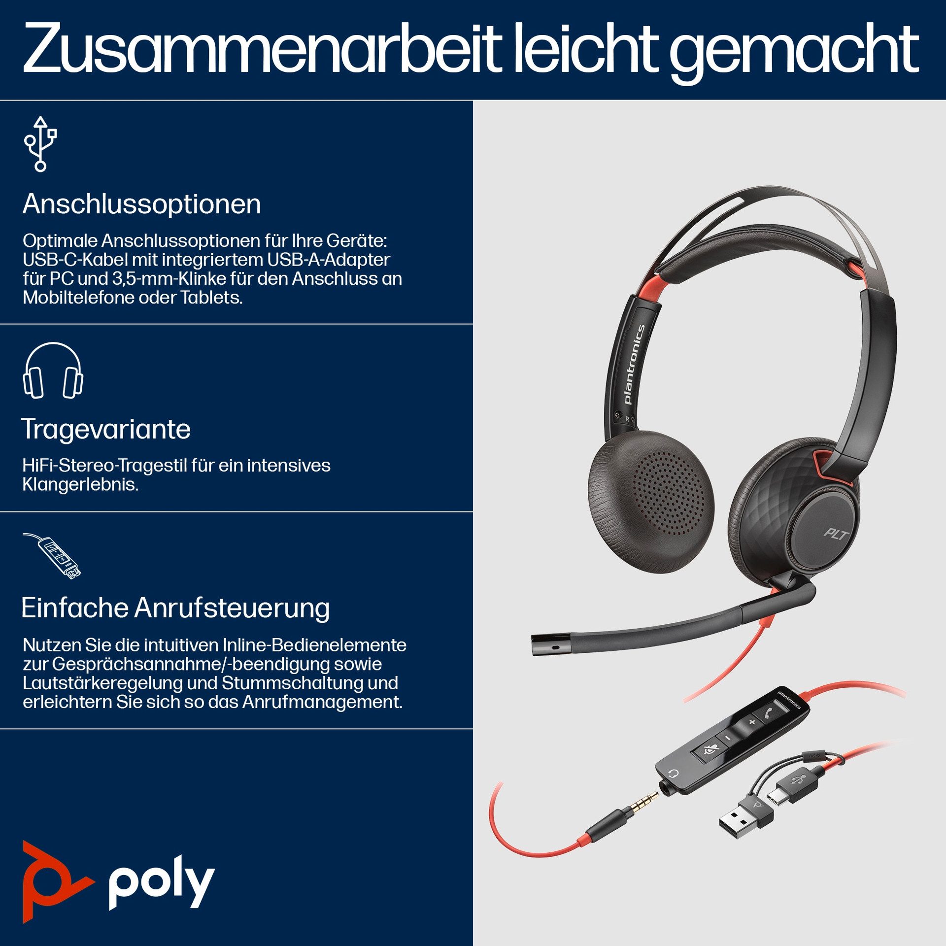 HP Poly Blackwire C5220 On Ear headset Computer Kabel Stereo Zwart Noise Cancelling Headset, Volumer