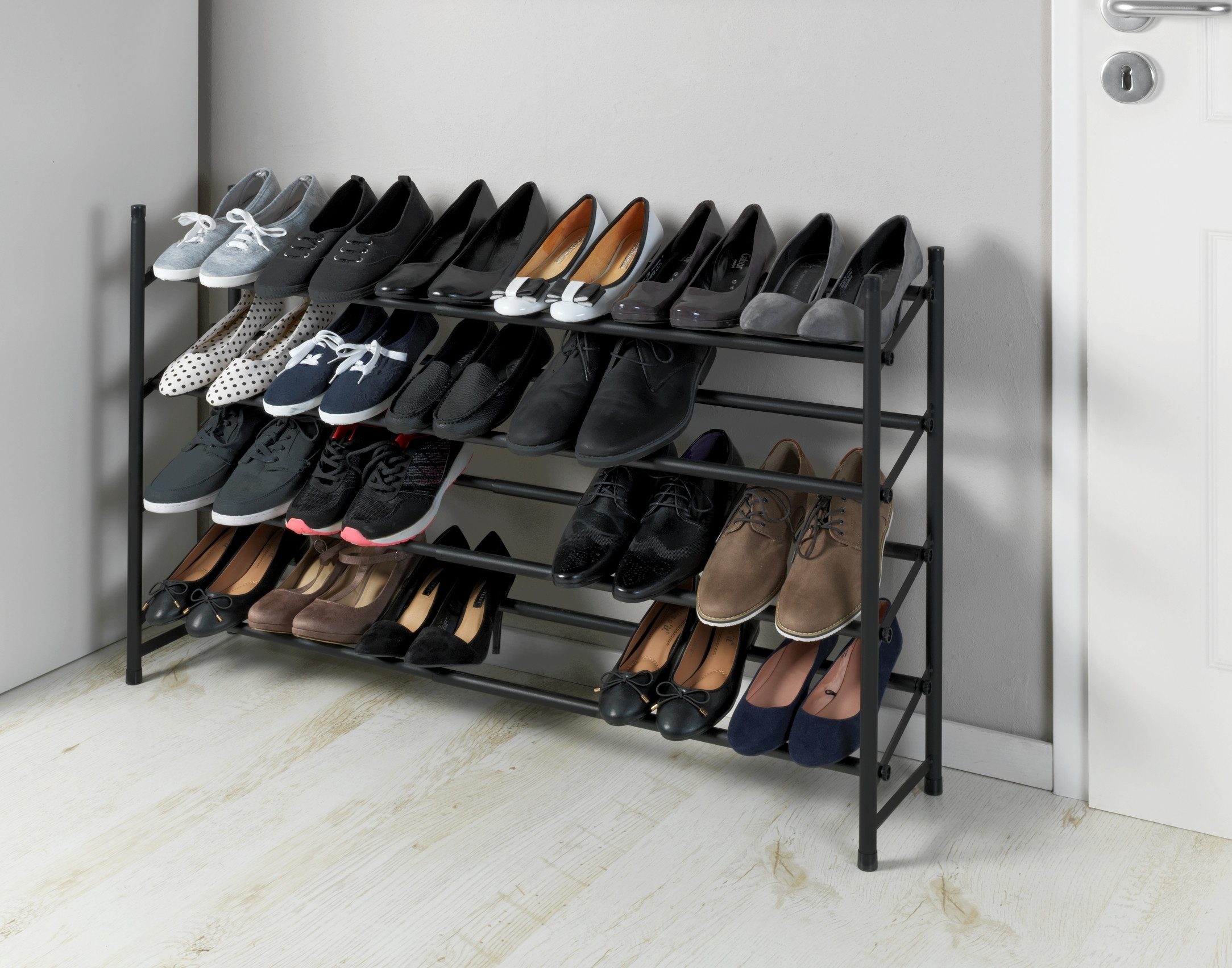 WENKO Schoenenrek Hero uitschuifbaar, 62 tot 115 cm, voor 24 paar schoenen, antislip oppervlak