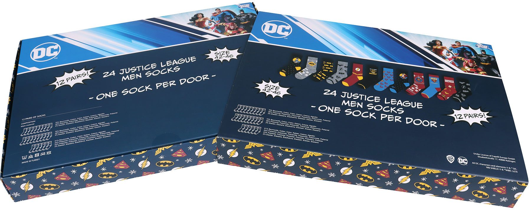 Capelli New York Adventskalender Kalender met 24 deuren, 12 paar sokken van Superman, Matman, Marvel