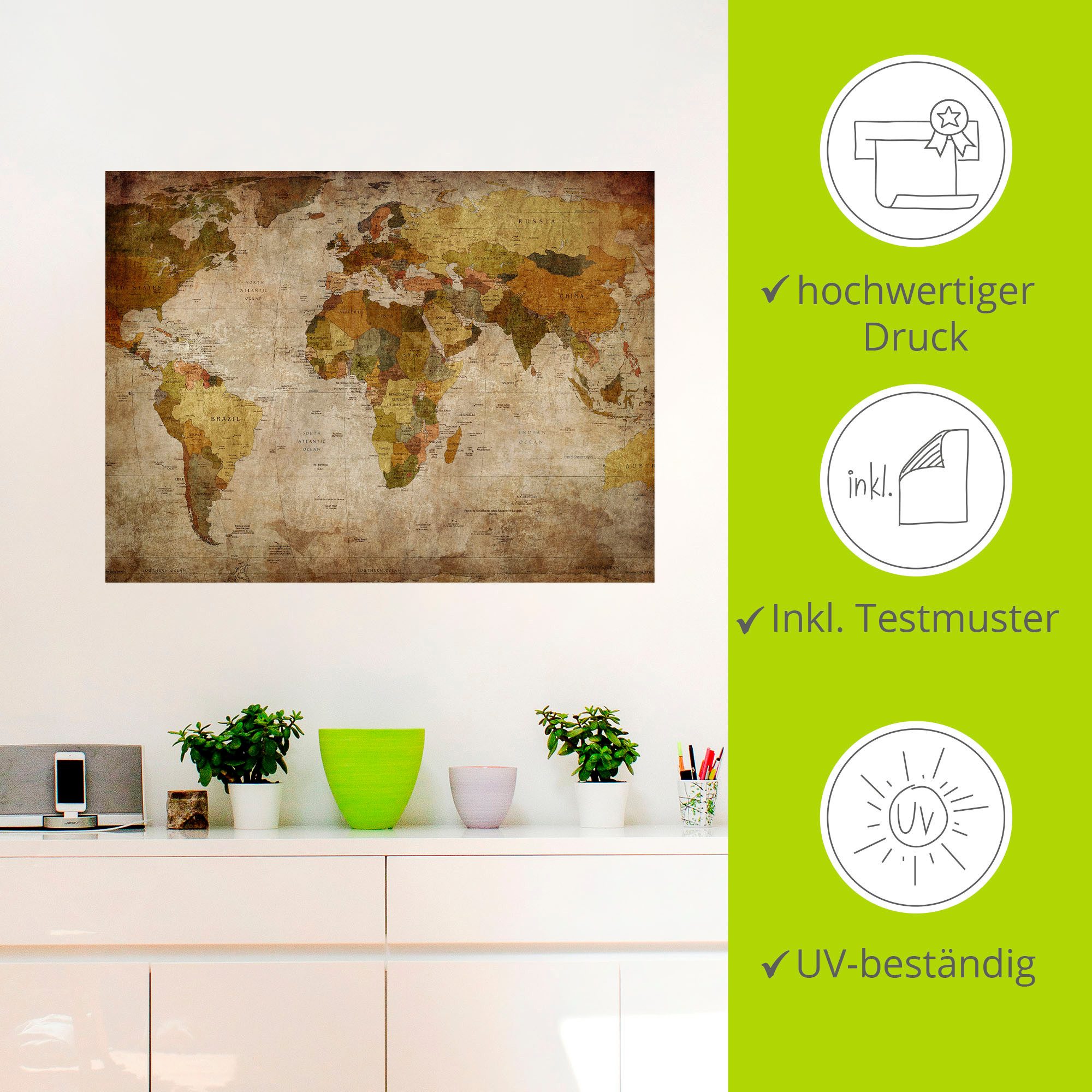 Artland Artprint Wereldkaart als artprint van aluminium, artprint voor buiten, artprint op linnen, poster, muursticker