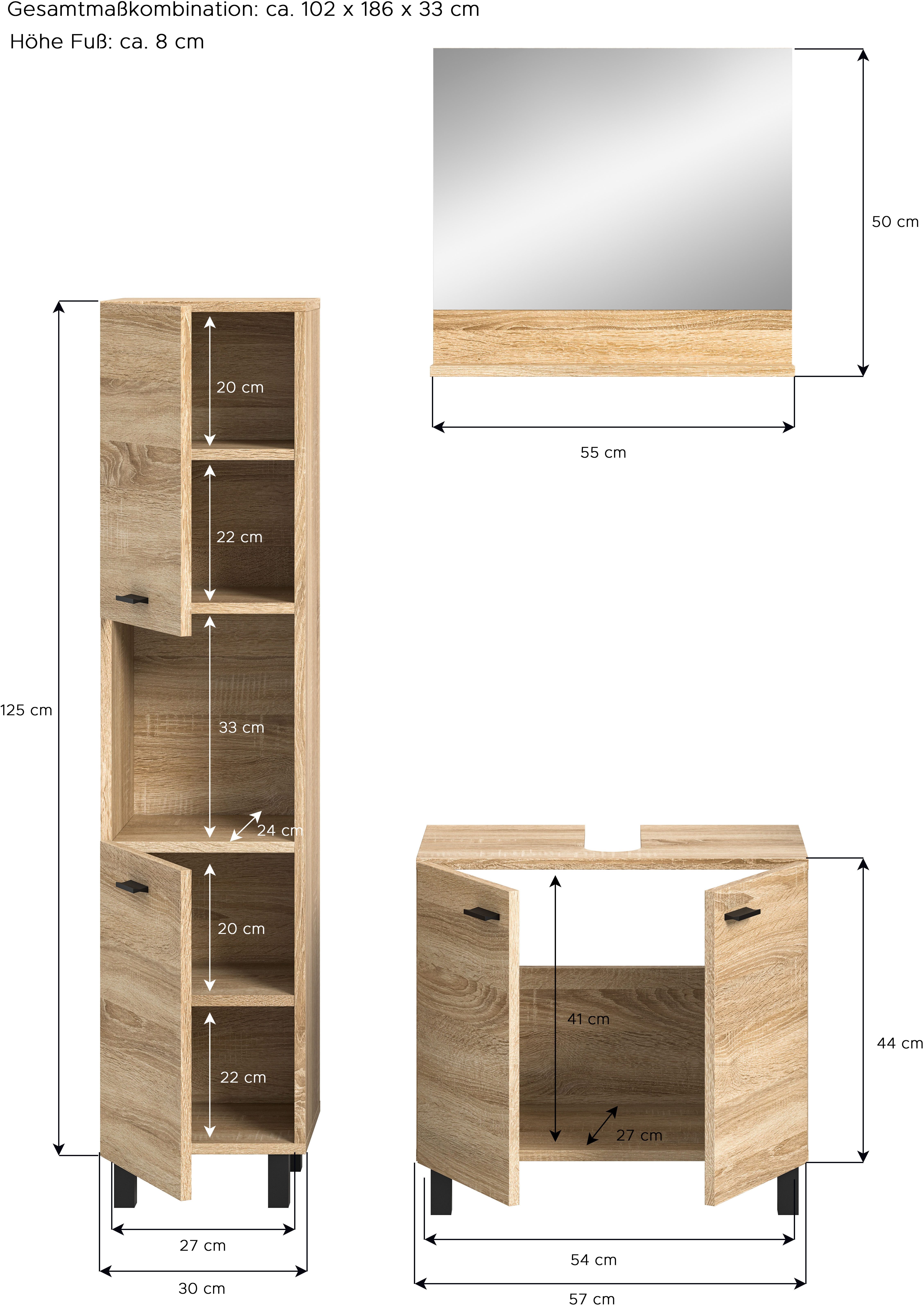 welltime Badmeubelset Tampa, breedte 102cm, 3-delig Wastafelonderkast, spiegel, hoge kast (3 stuks)