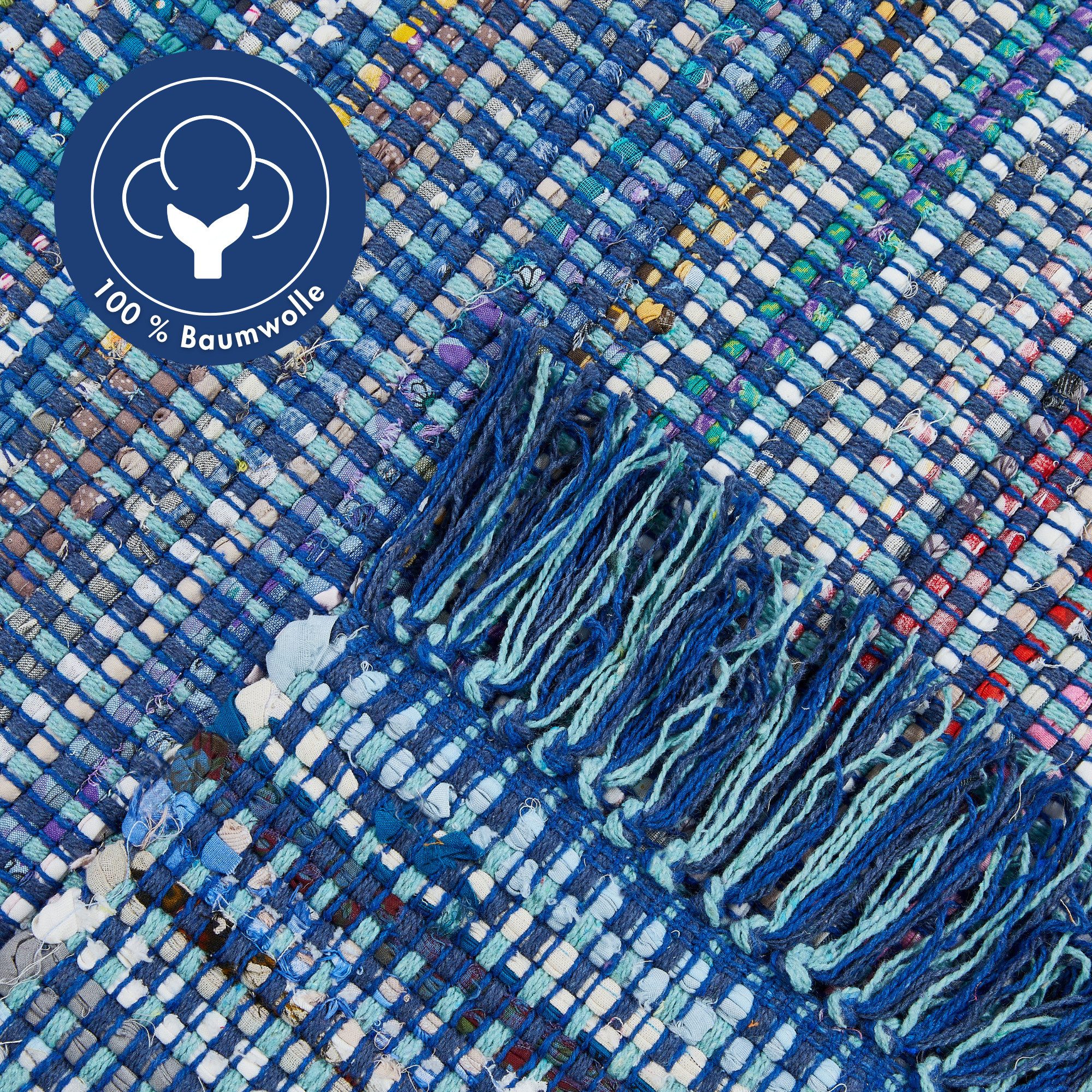 Andiamo Vloerkleed Frida Handgeweven vloerkleed, Fleckerl, puur katoen, met de hand geweven, met franje