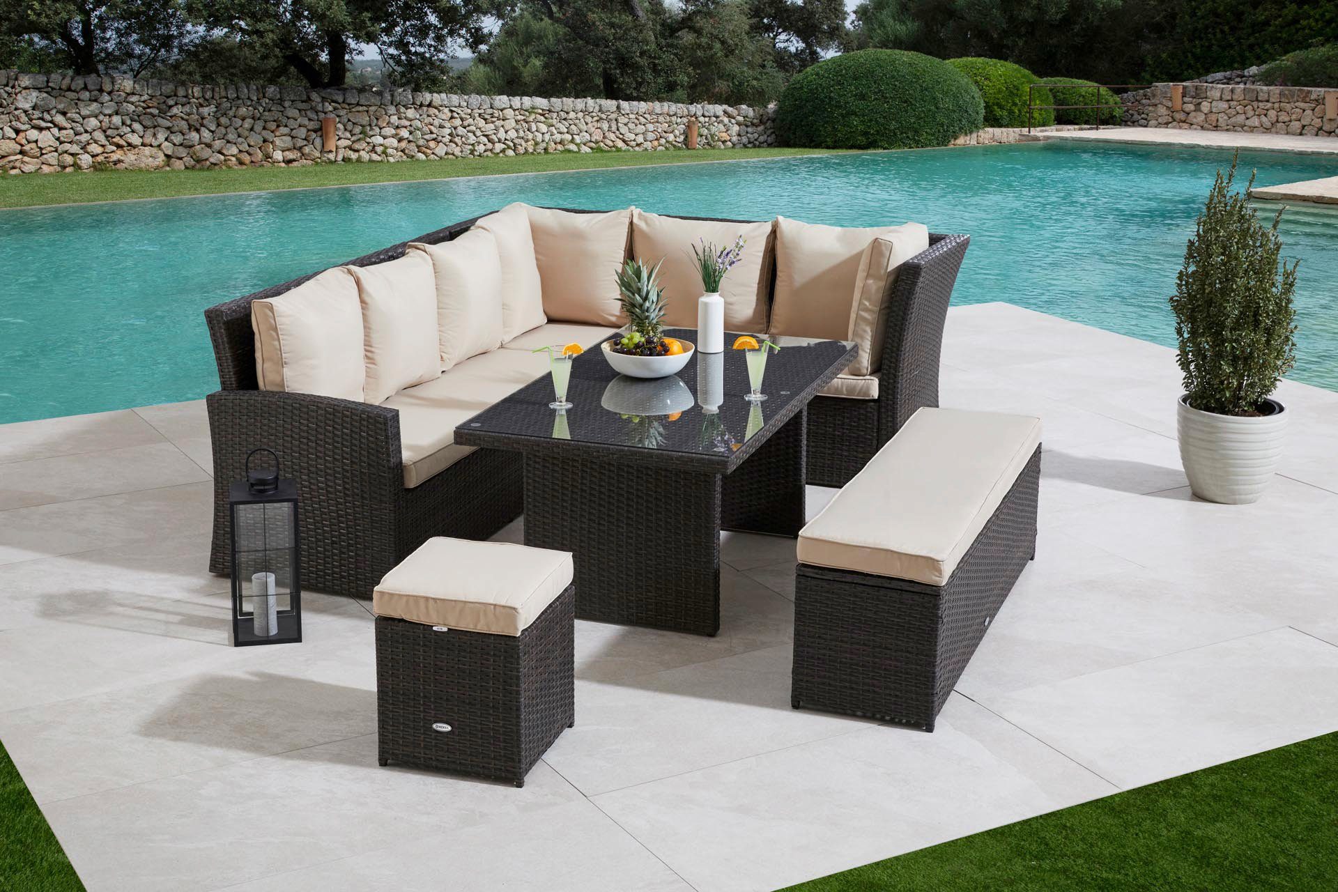 MERXX Tuinset Barcelona 2 banken, zitbank, hocker, tafel (5-delig)