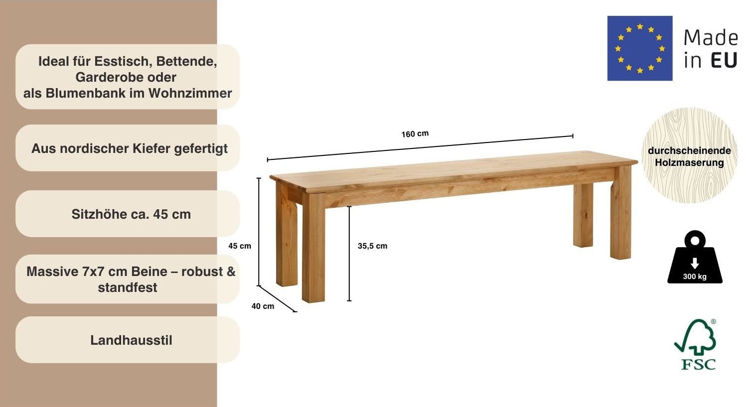 Home affaire Zitbank Breedte 120 cm, van massief, FSC®-gecertificeerd dennenhout
