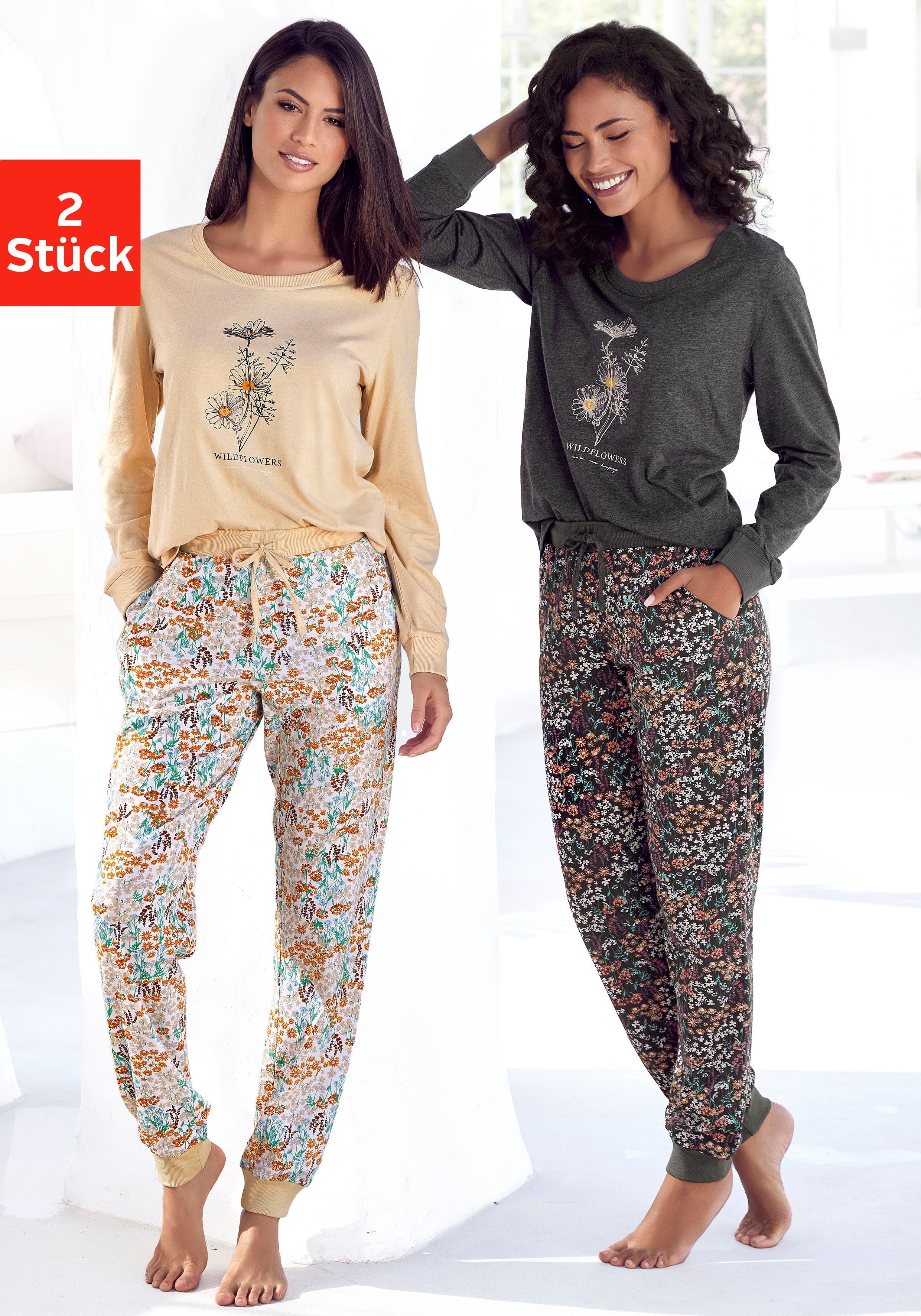 Vivance Dreams Pyjama met frontprint (4-delig, Set van 2) dames pyjama's maat 36/38 beige
