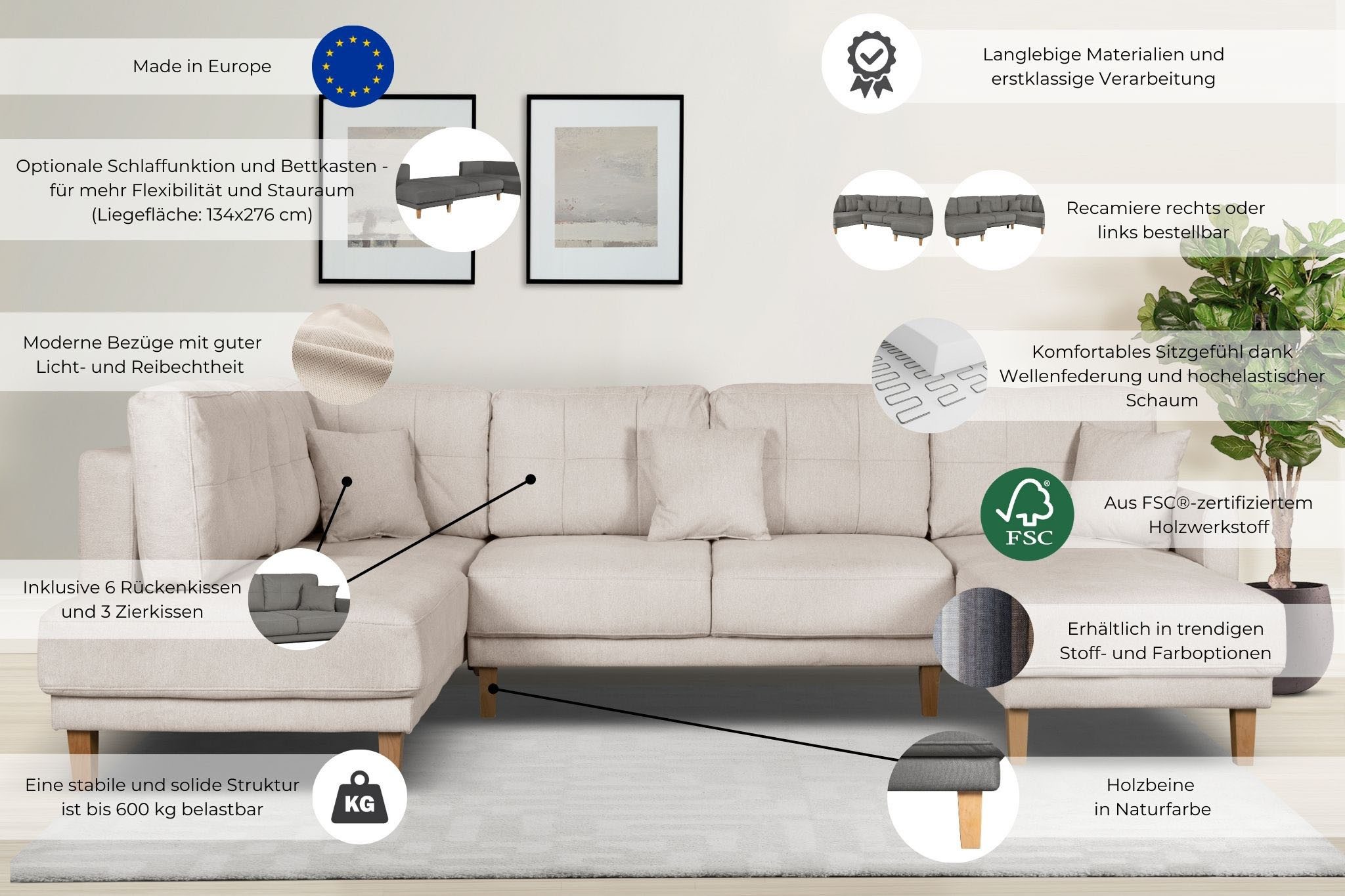 Home affaire Zithoek TRIPLO U-vorm optioneel met slaapfunctie, B/D/H: 310/192/90 cm (3-delig)
