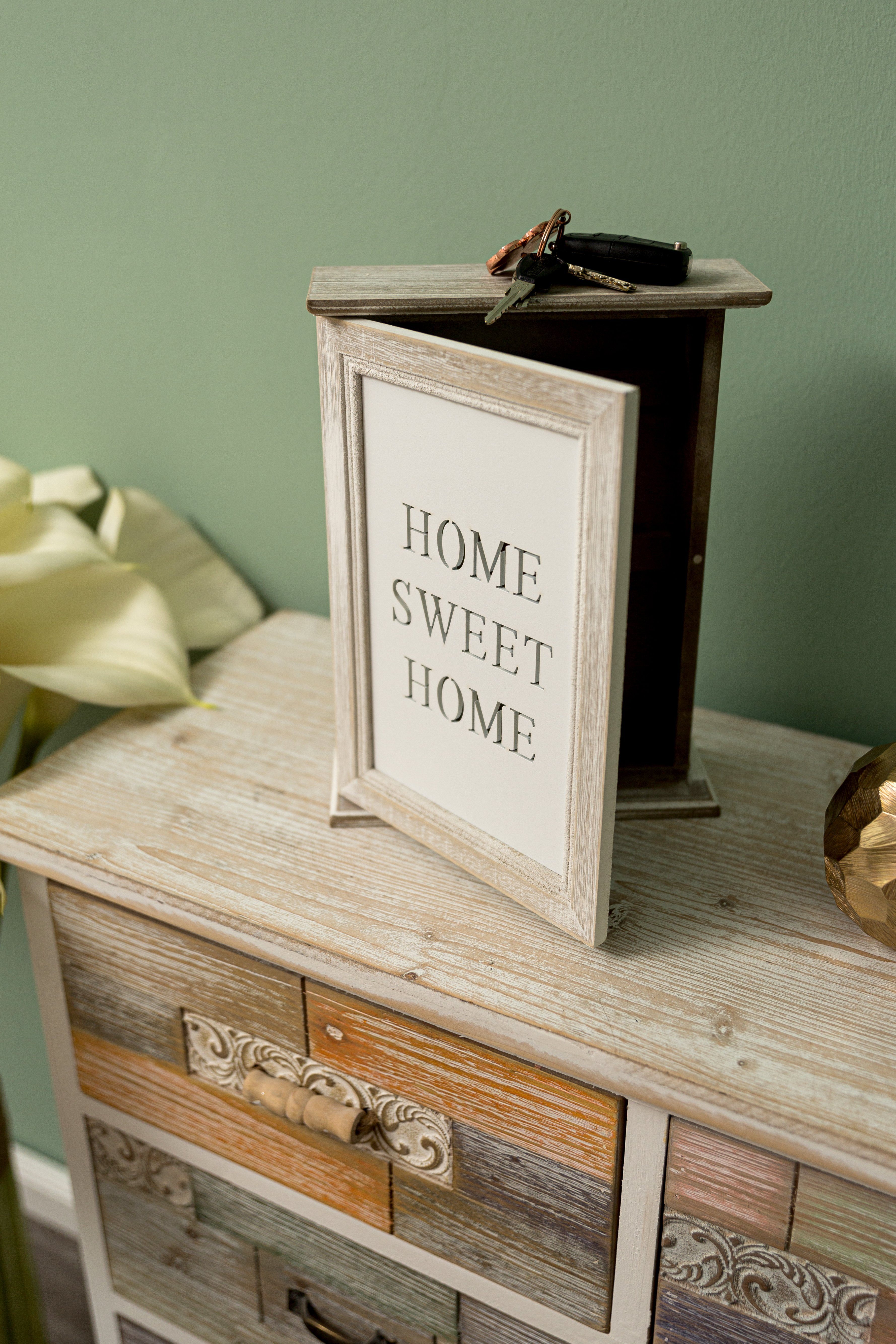 Home affaire Sleutelkastje Home Sweet home, wit met 6 haken & opschrift, shabby look