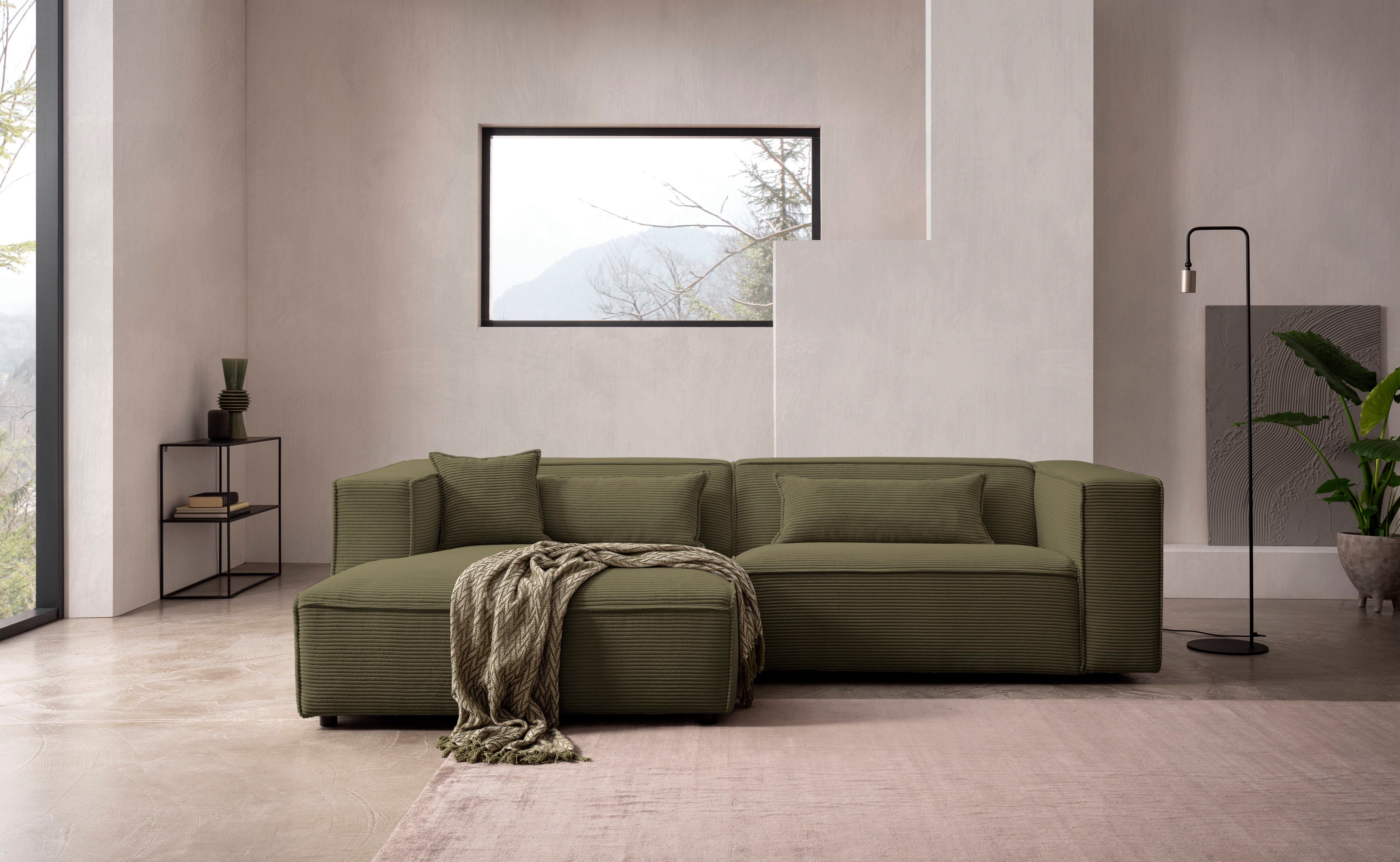 LeGer Home by Lena Gercke Hoekbank PIARA met biesnaad in cord of linnenlook, moderne bank in L-vorm keuze ottomaan rechts/links, zwarte voeten, comfortabel zitcomfort
