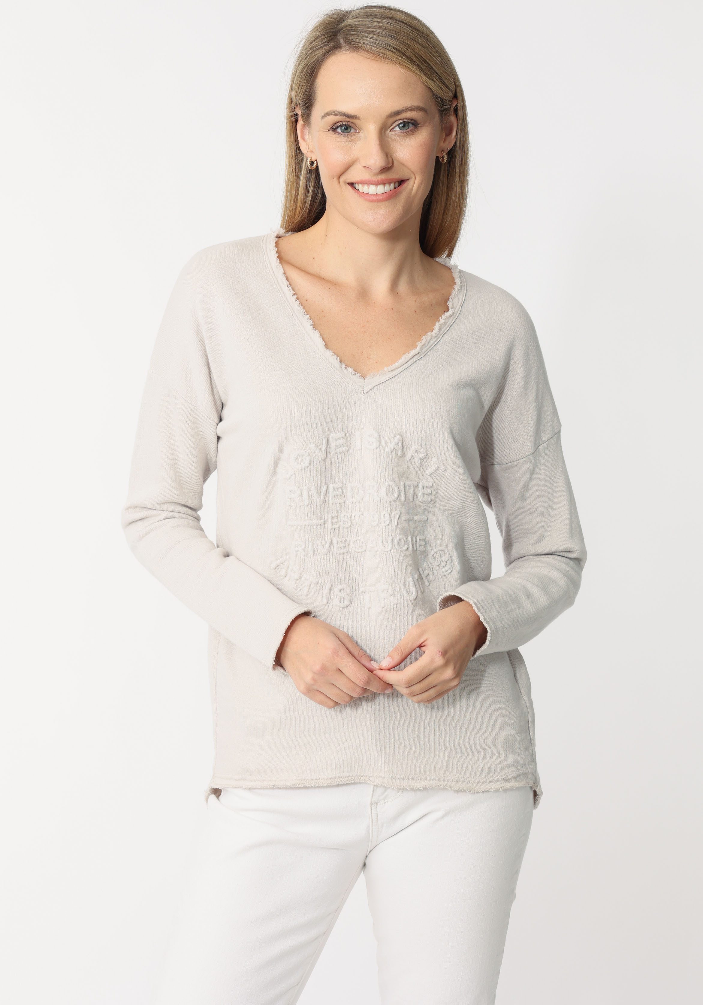 Zwillingsherz Sweatshirt met rafelige v-halslijn in vintage-look