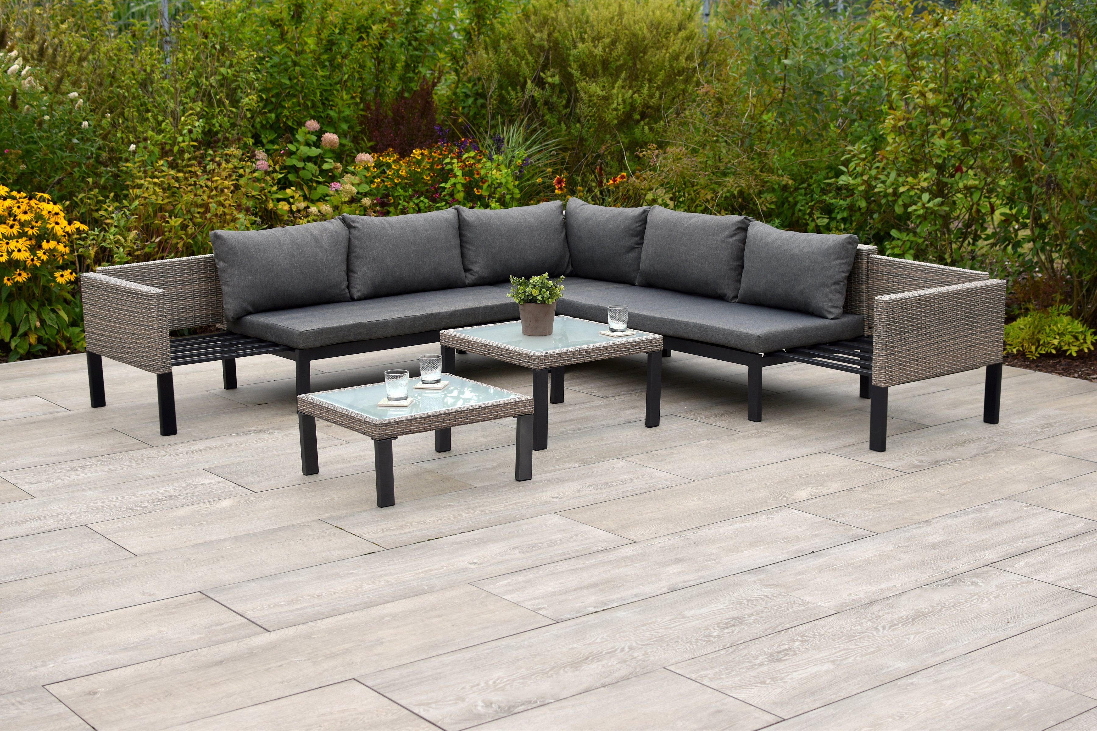 MERXX Tuin-eethoek Amantea Hoekbank, incl. zit- en rugkussens, 2 tafels (set, 16-delig)